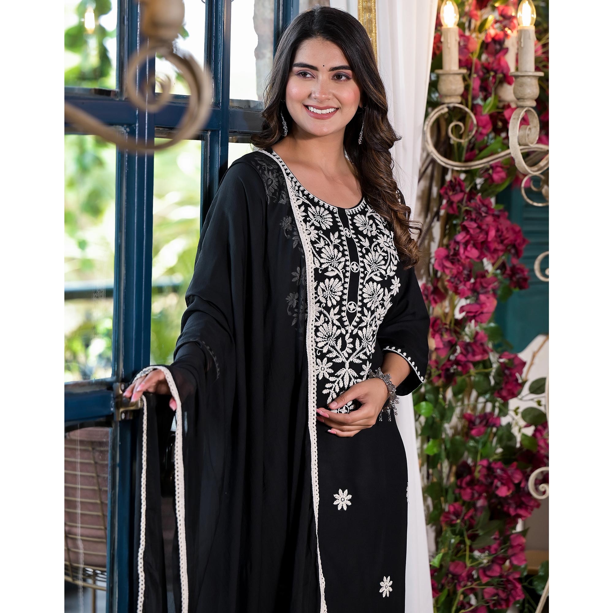 Black Lucknowi Embroidered Rayon Salwar Suit