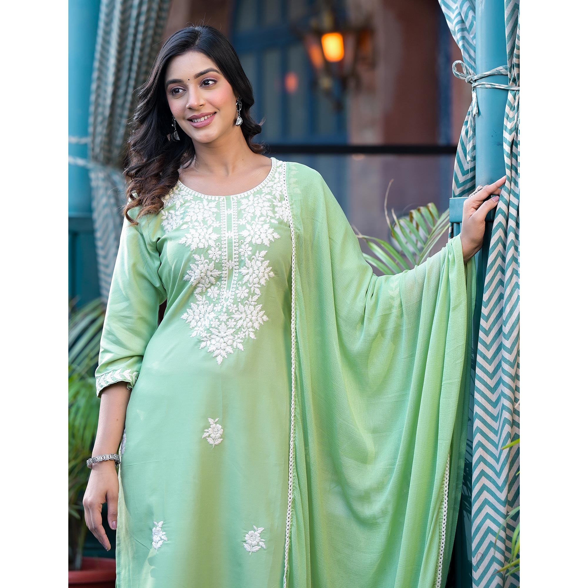 Pista Green Lucknowi Embroidered Rayon Salwar Suit