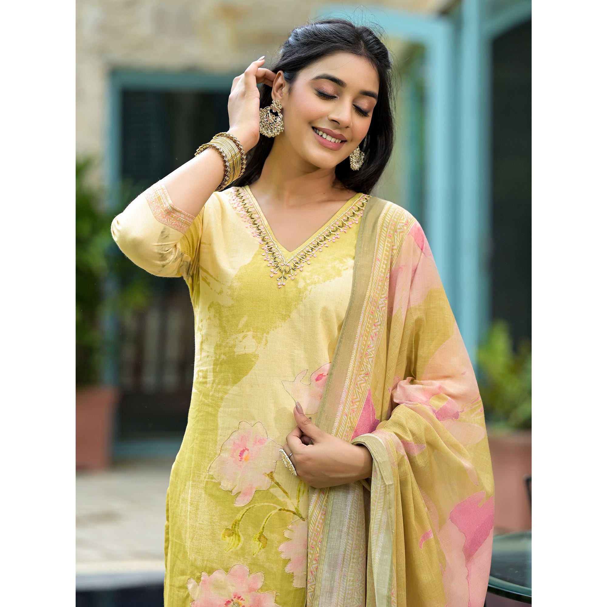 Olive Floral Embroidered With Printed Cambric Cotton Salwar Suit