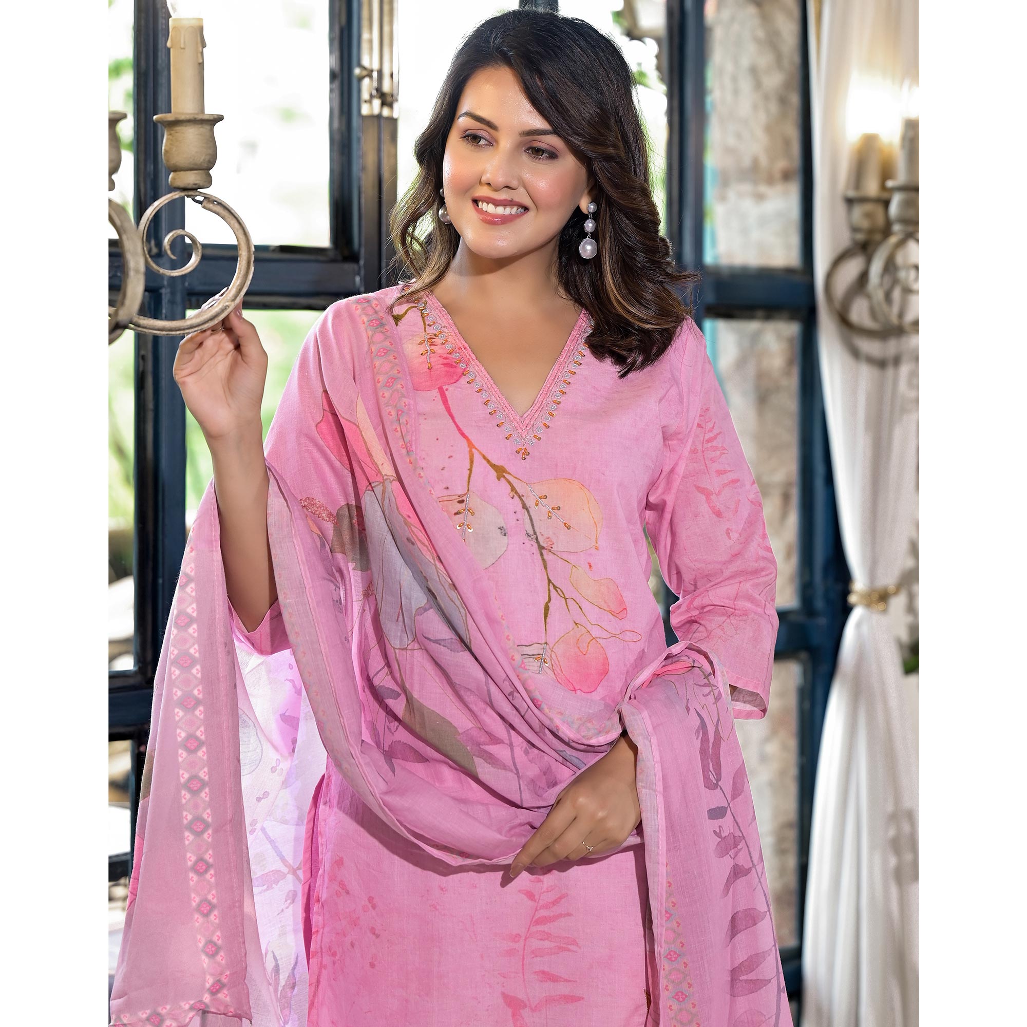 Pink Floral Printed With Embroidered Cambric Cotton Salwar Suit