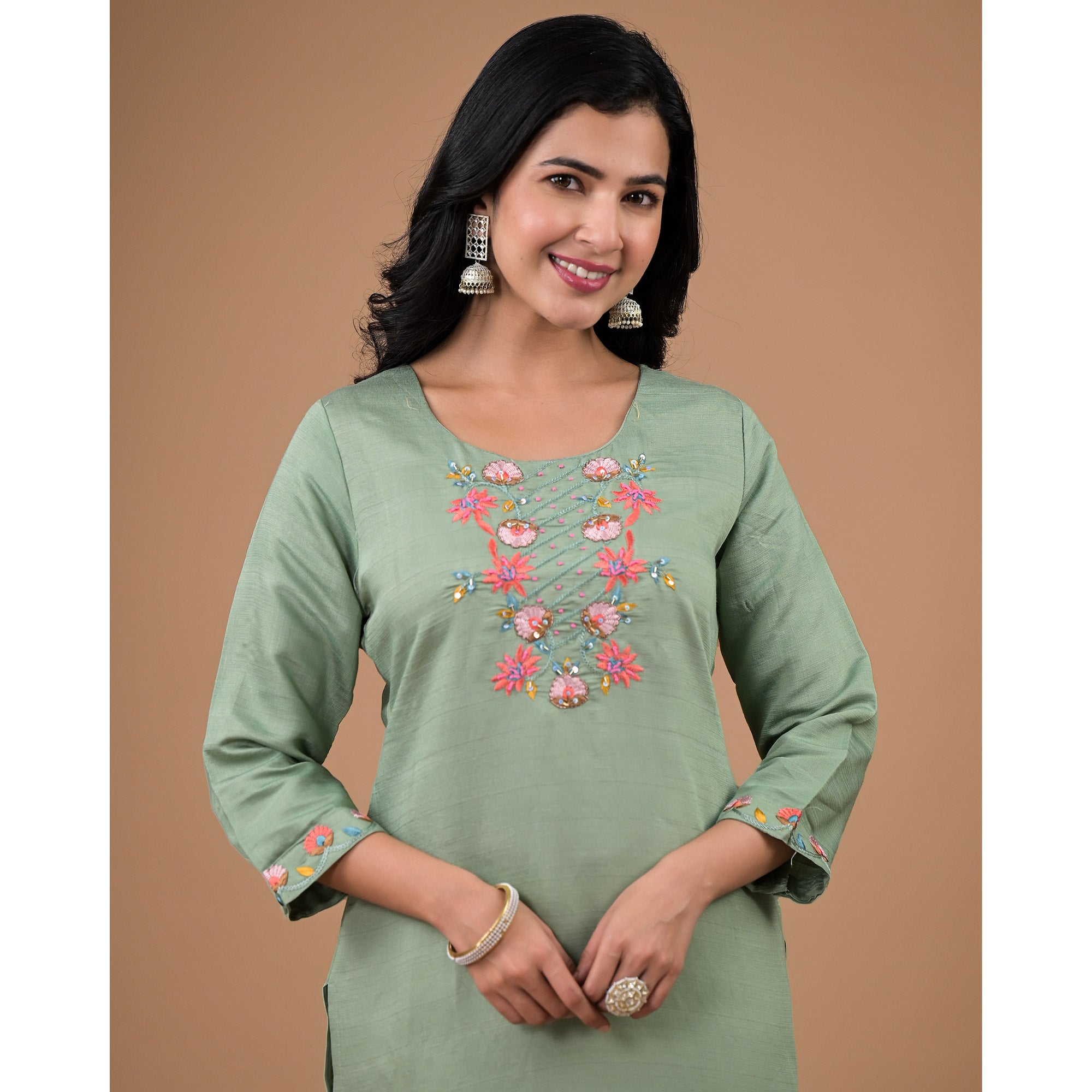 Mint Green Yoke Embroidered Viscose Straight Kurti