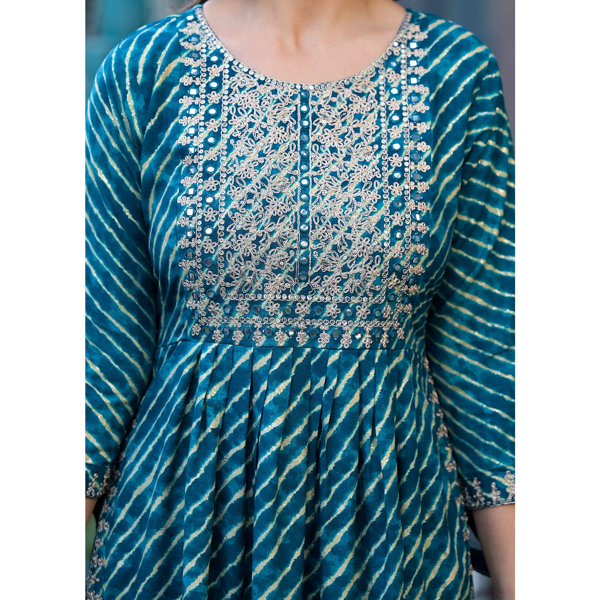 Blue Leheriya Printed Naira Cut Rayon Salwar Suit