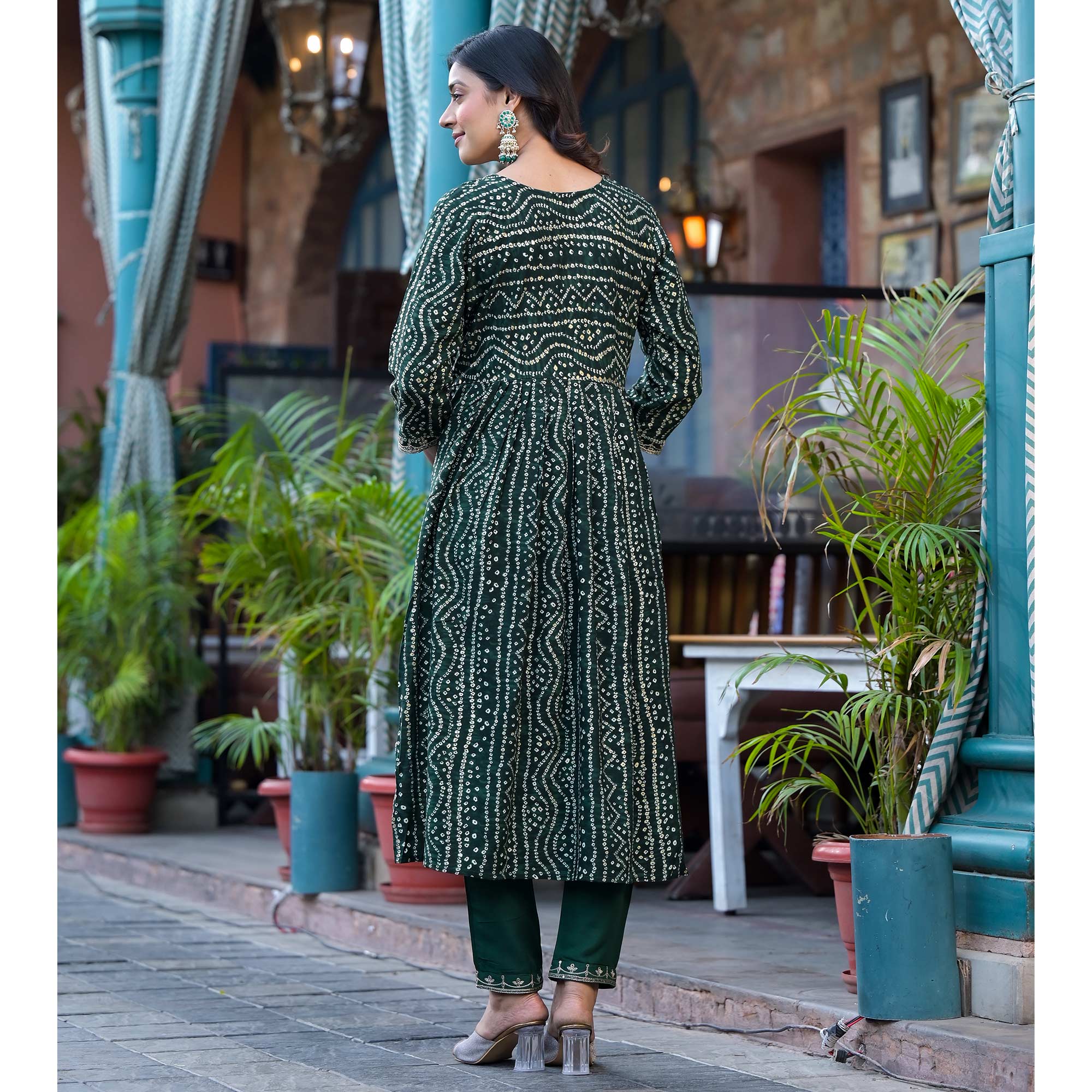 Green Bandhani Printed Naira Cut Rayon Salwar Suit