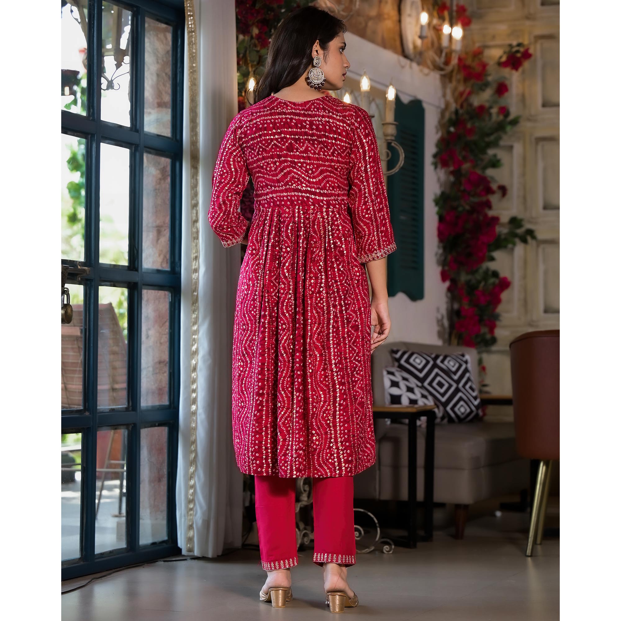 Pink Bandhani Printed Naira Cut Rayon Salwar Suit