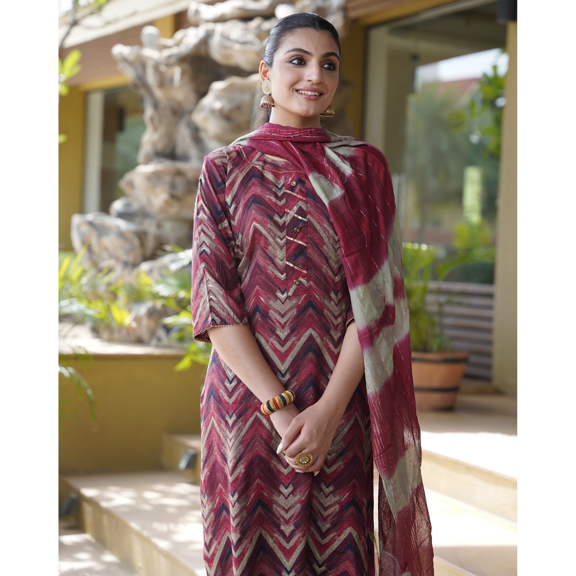 Red Foil Printed Rayon Suit