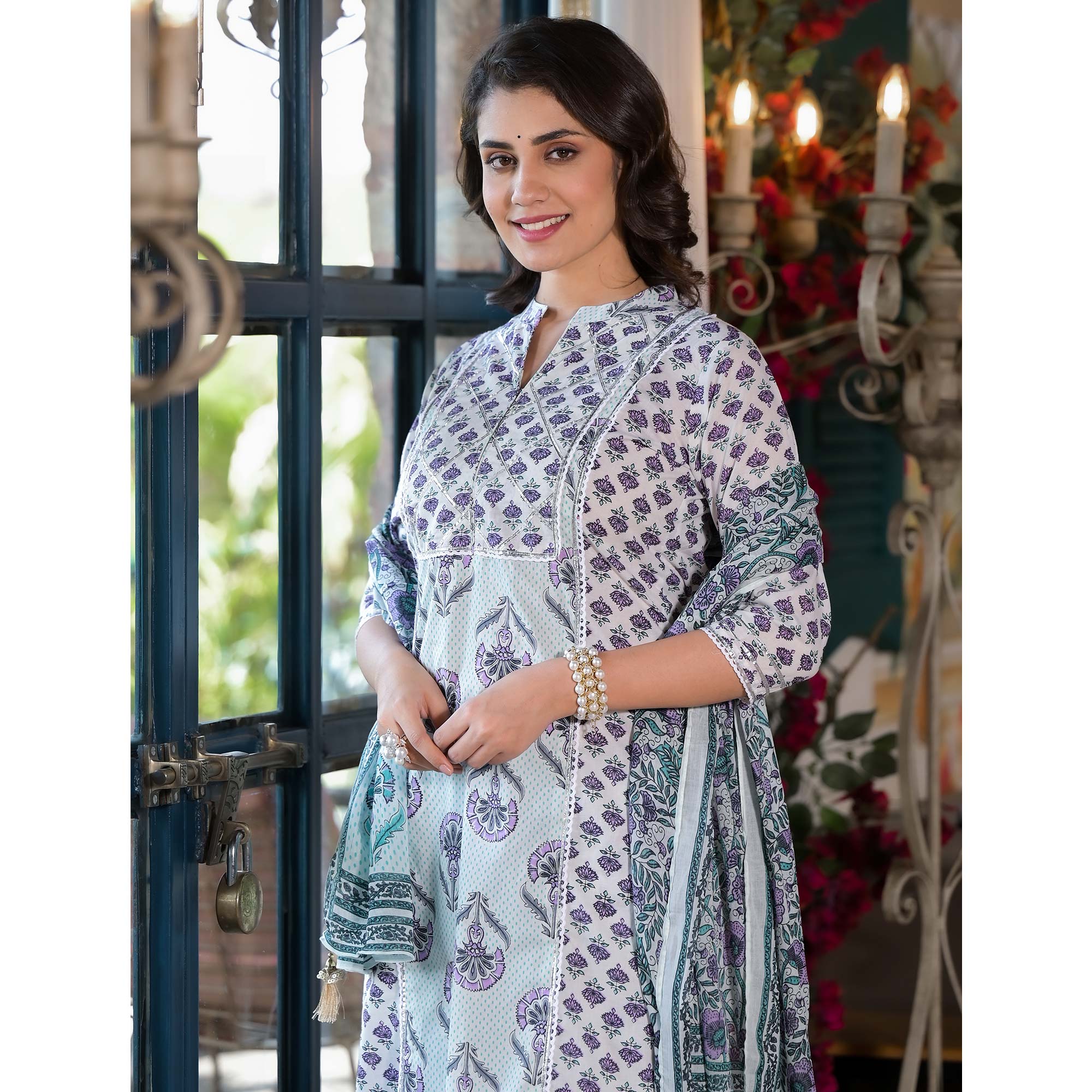 White & Purple Floral Printed Pure Cotton Salwar Suit