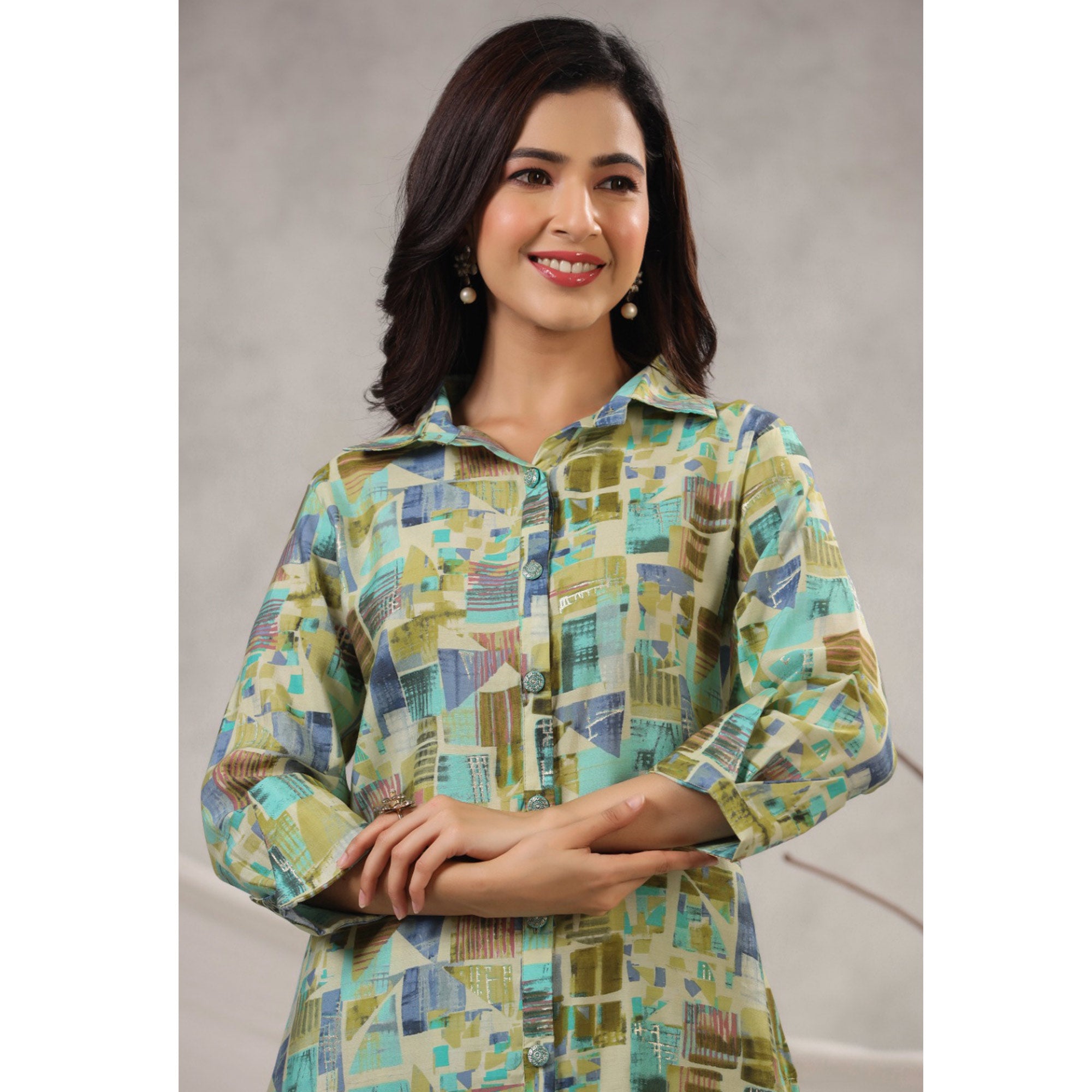 Green Geometric Printed Muslin Co Ord Set