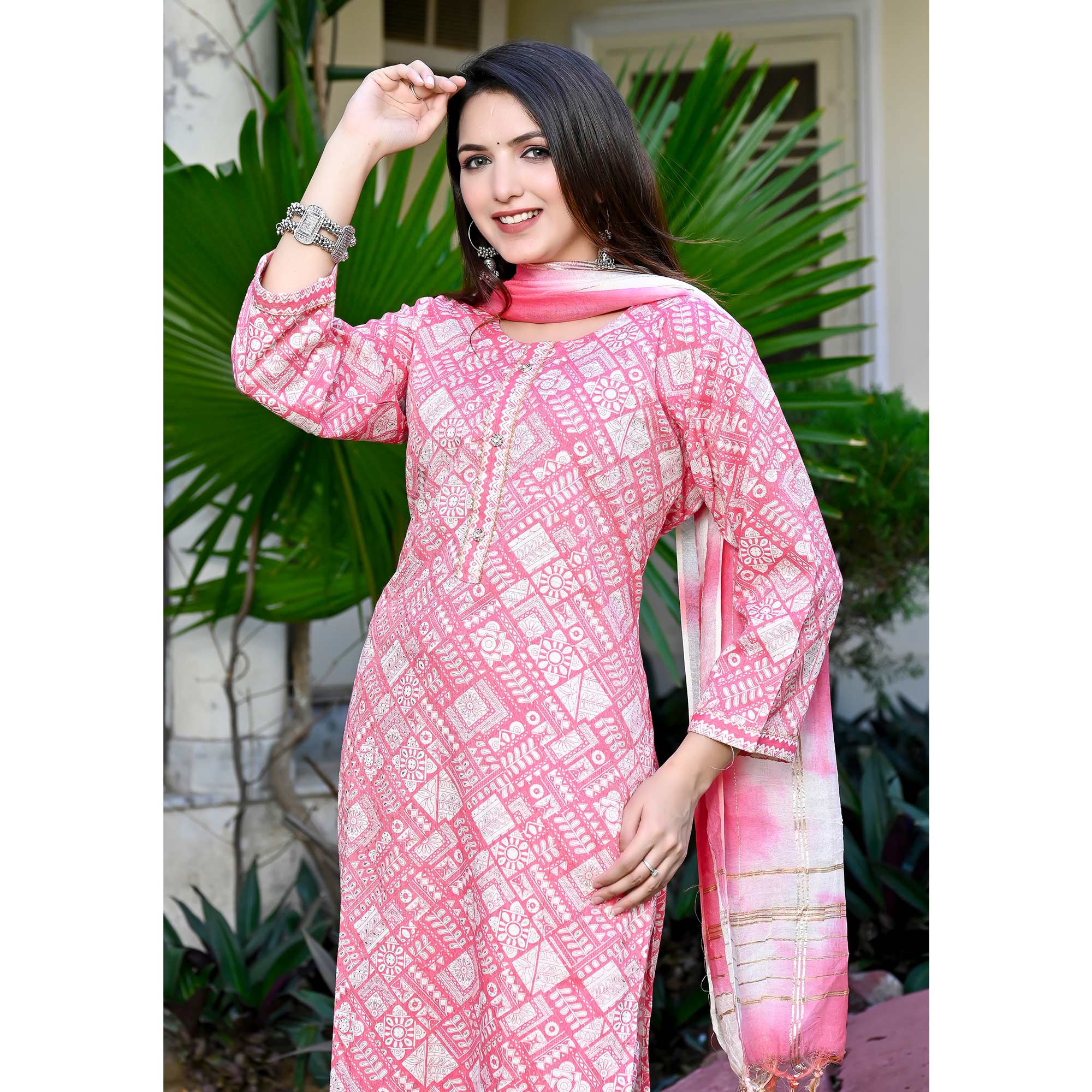 Pink Floral Printed Rayon Salwar Suit