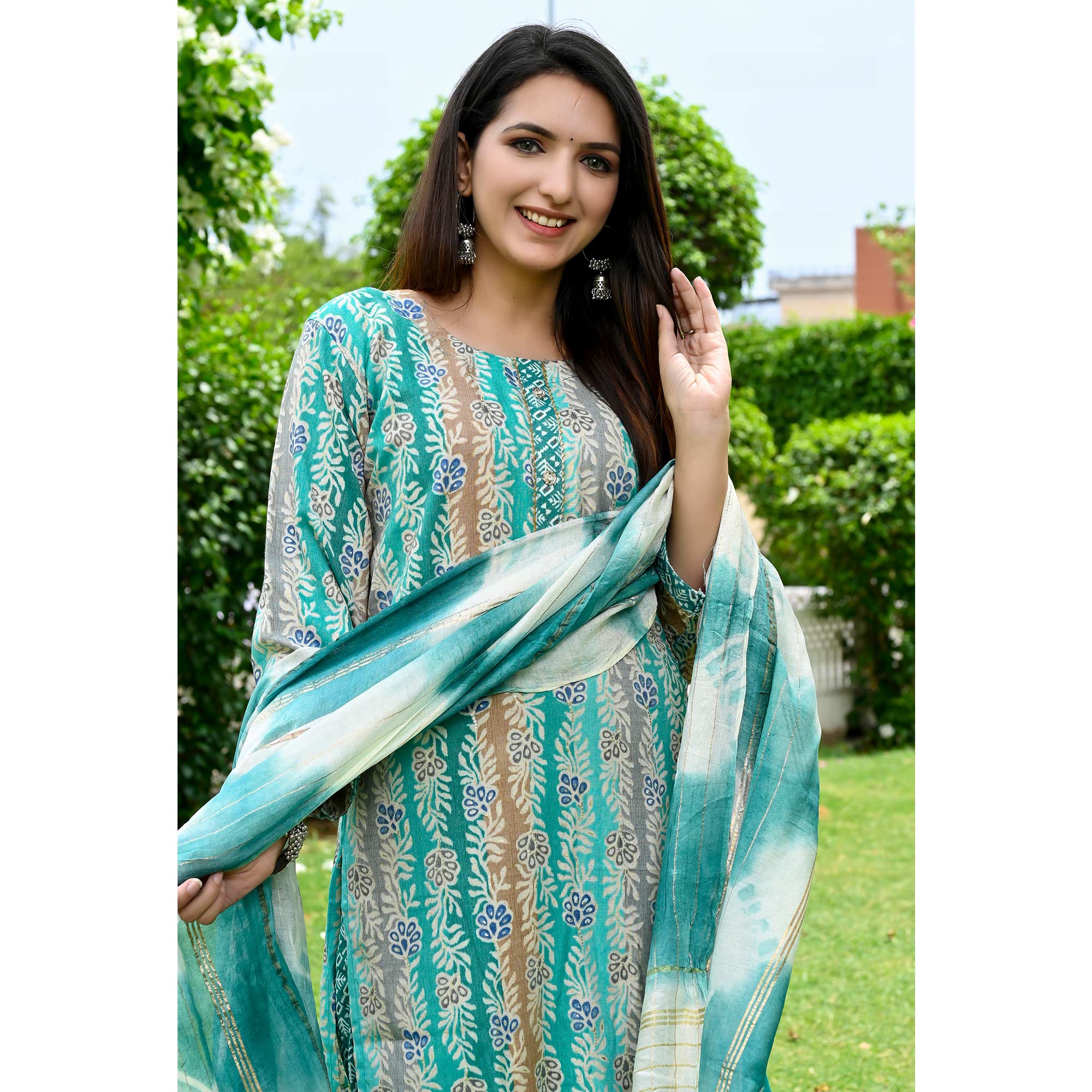 Turquoise Floral Printed Rayon Salwar Suit