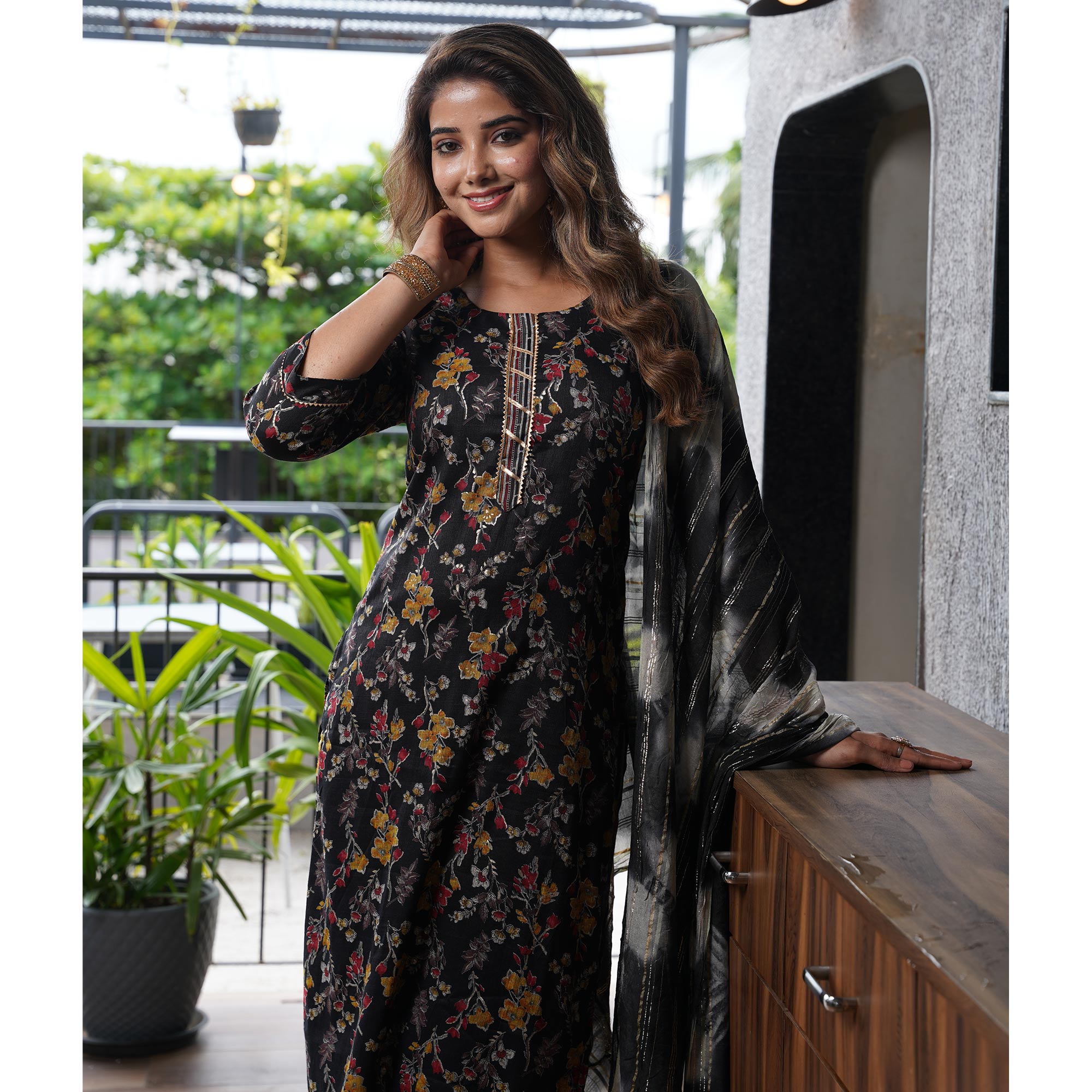 Black Floral Foil Printed Rayon Salwar Suit