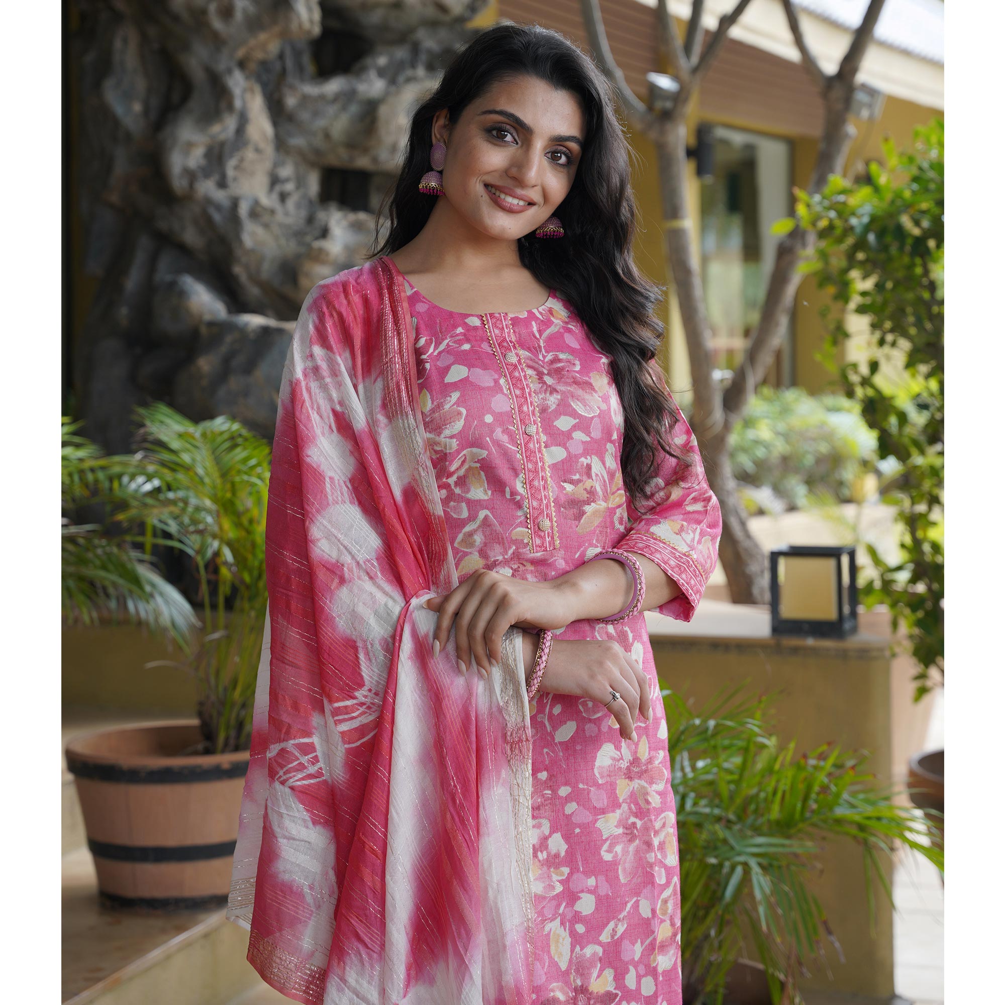 Pink Foil Printed Rayon Suit