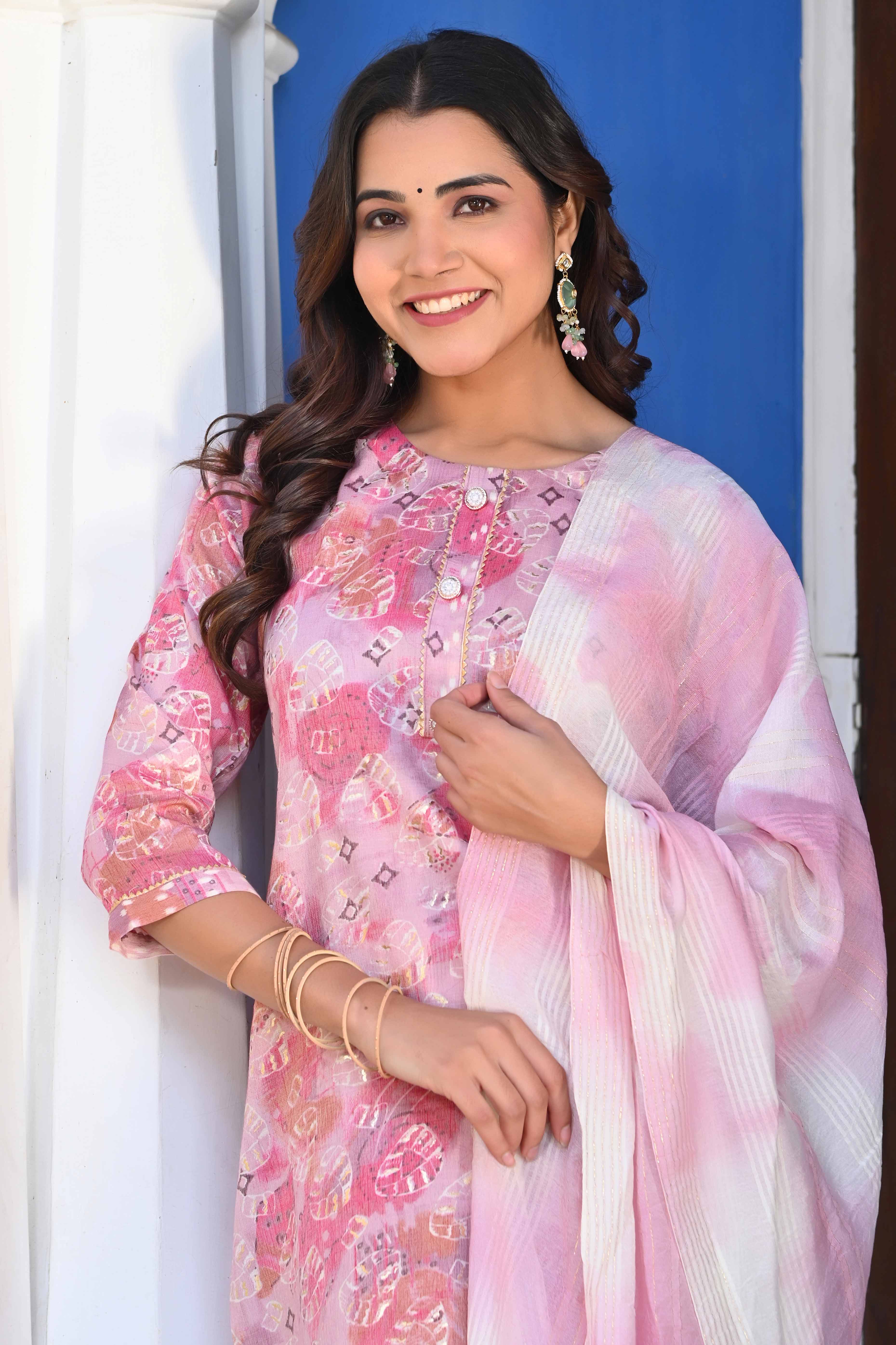 Baby Pink Floral Foil Printed Rayon Salwar Suit