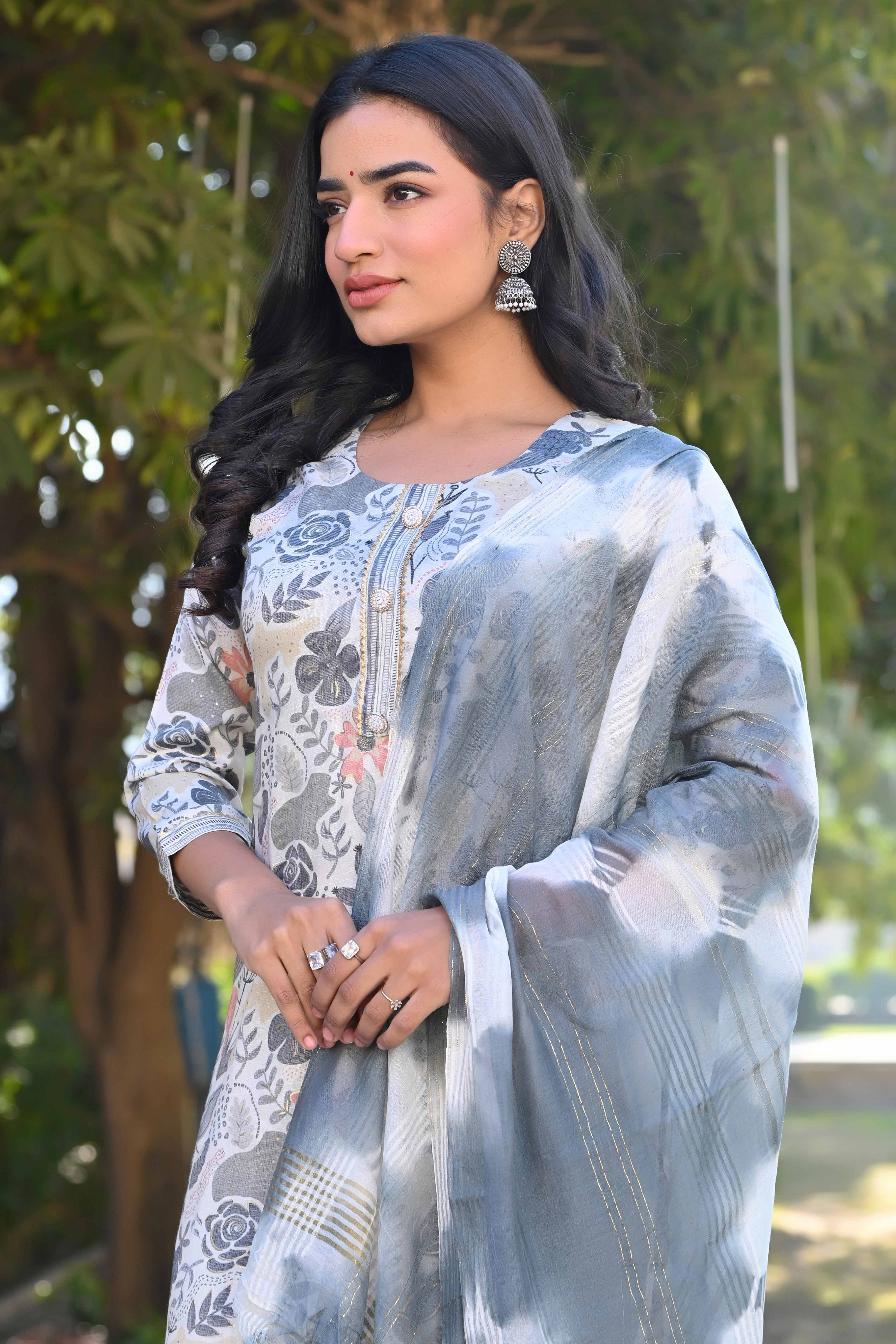 Off White Floral Foil Printed Rayon Salwar Suit