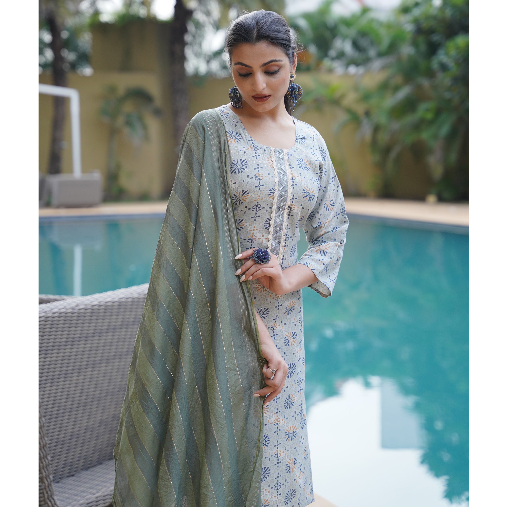 Grey Foil Printed Rayon Suit