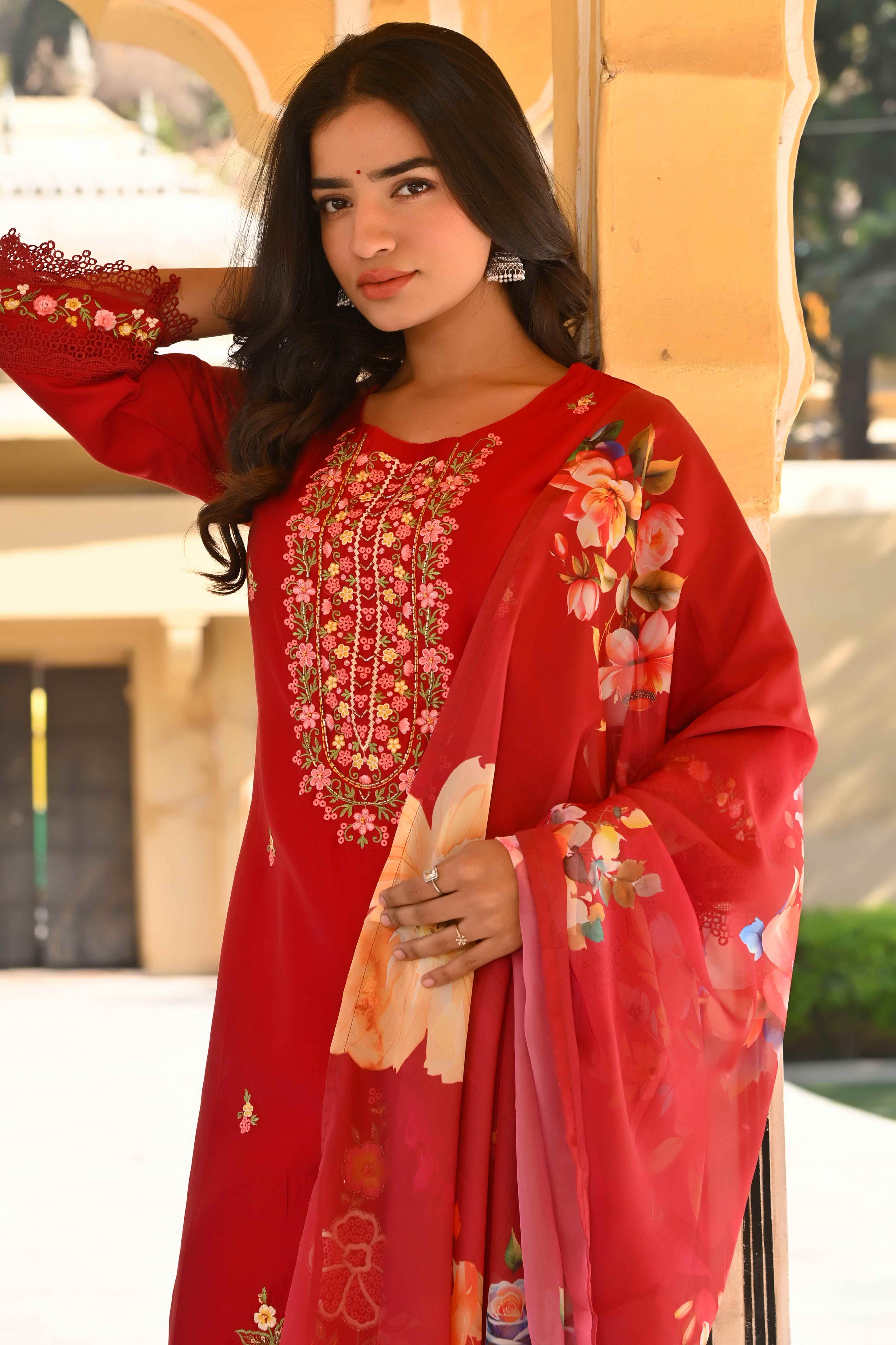 Maroon Floral Embroidered Chanderi Silk Salwar Suit