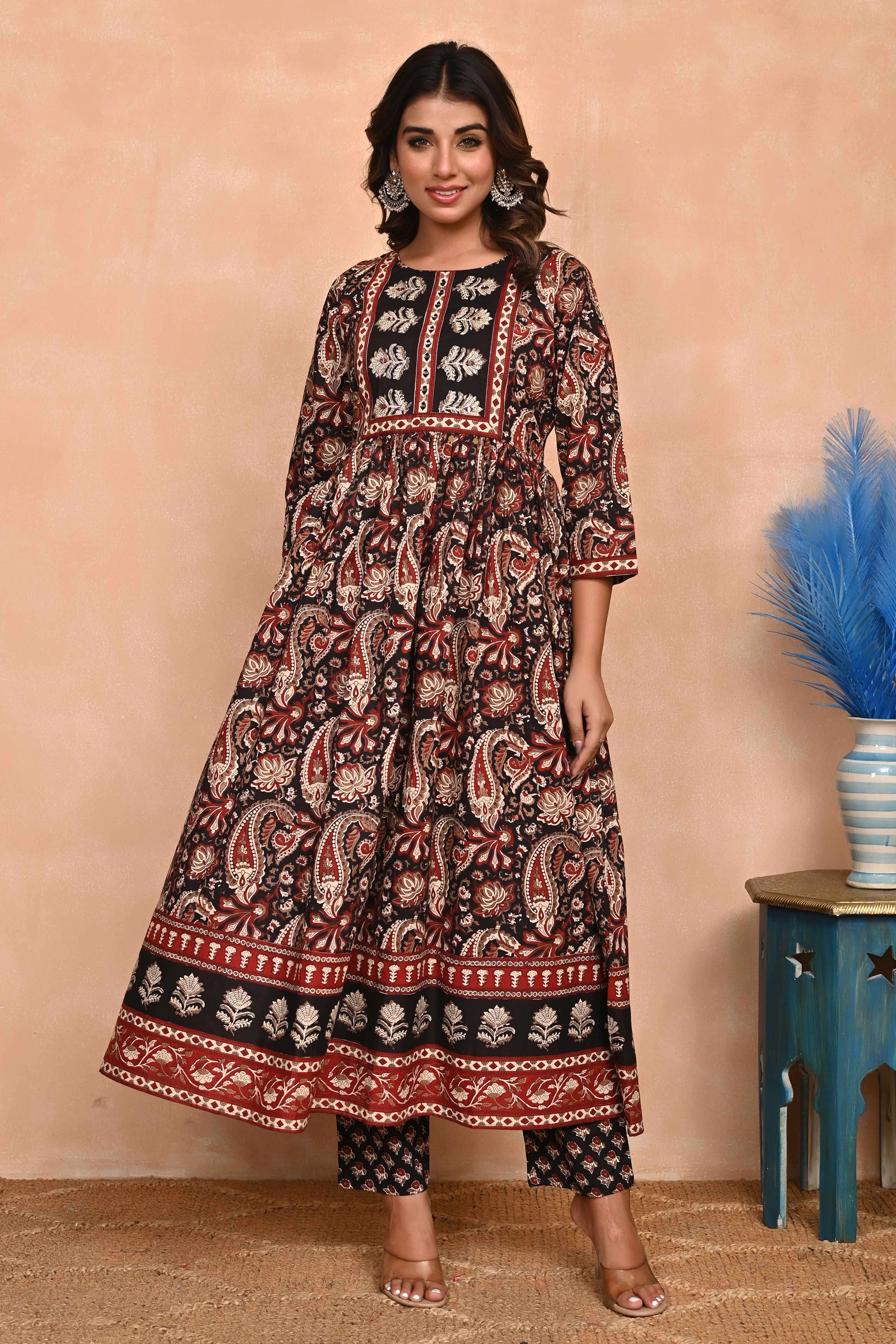 Regal Black Paisley Anarkali Suit in Breathable Cotton Fabric for Effortless Style