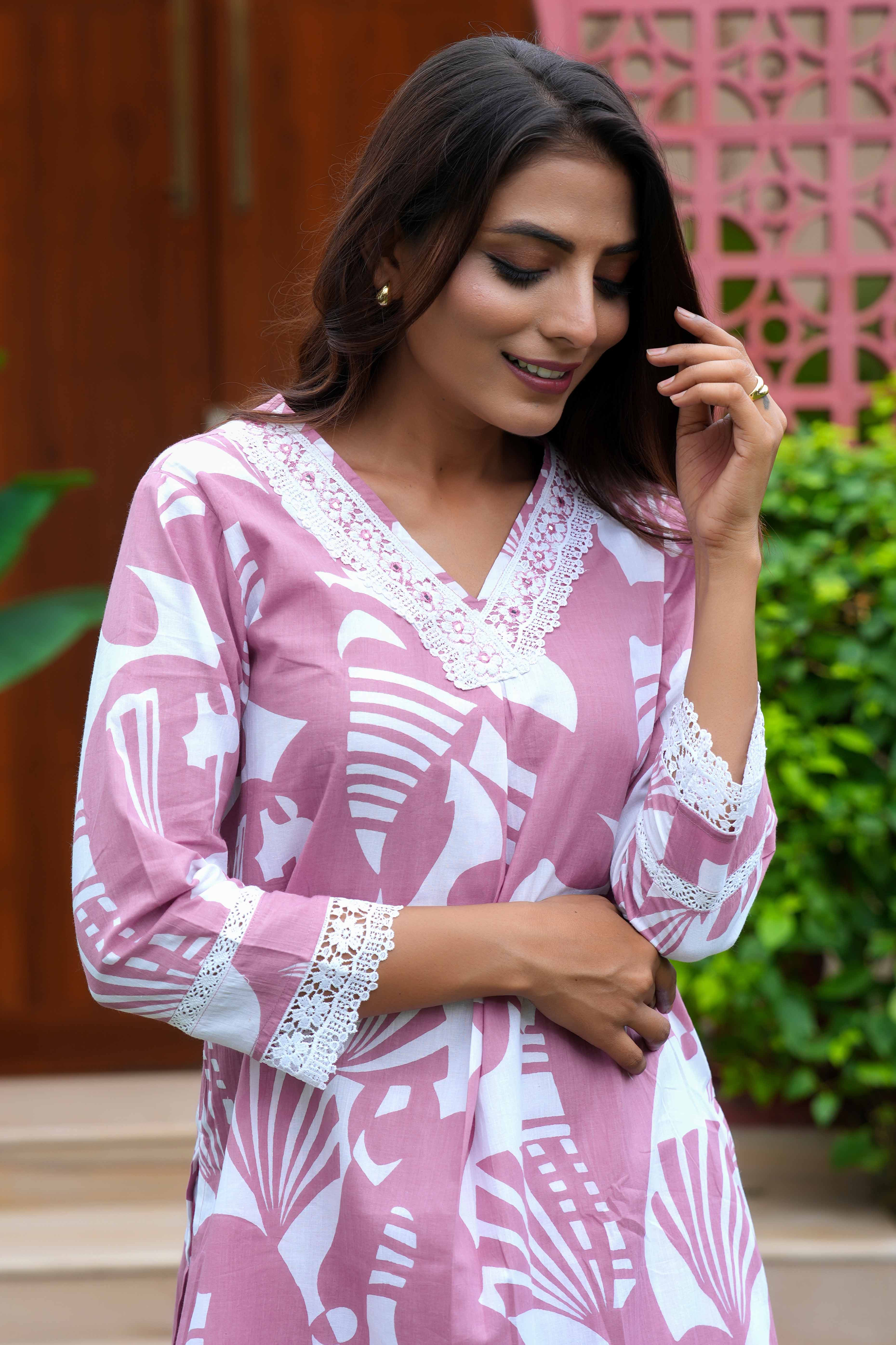 Relaxed Fit Pink Cotton Co-Ord Set with Delicate Floral Motifs - Image 8