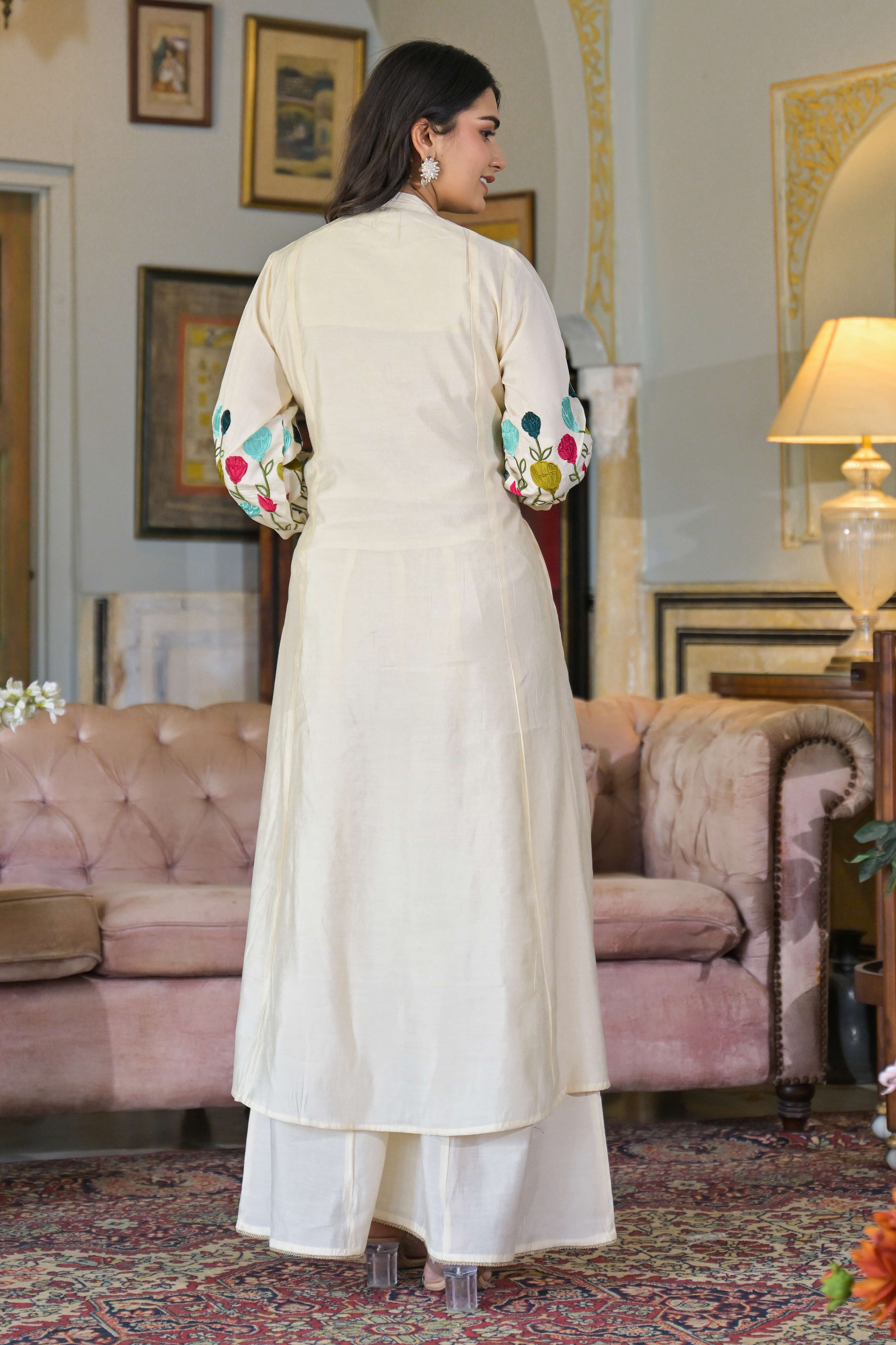 Cream Thread Embroidered Chanderi A-Line Salwar Suit