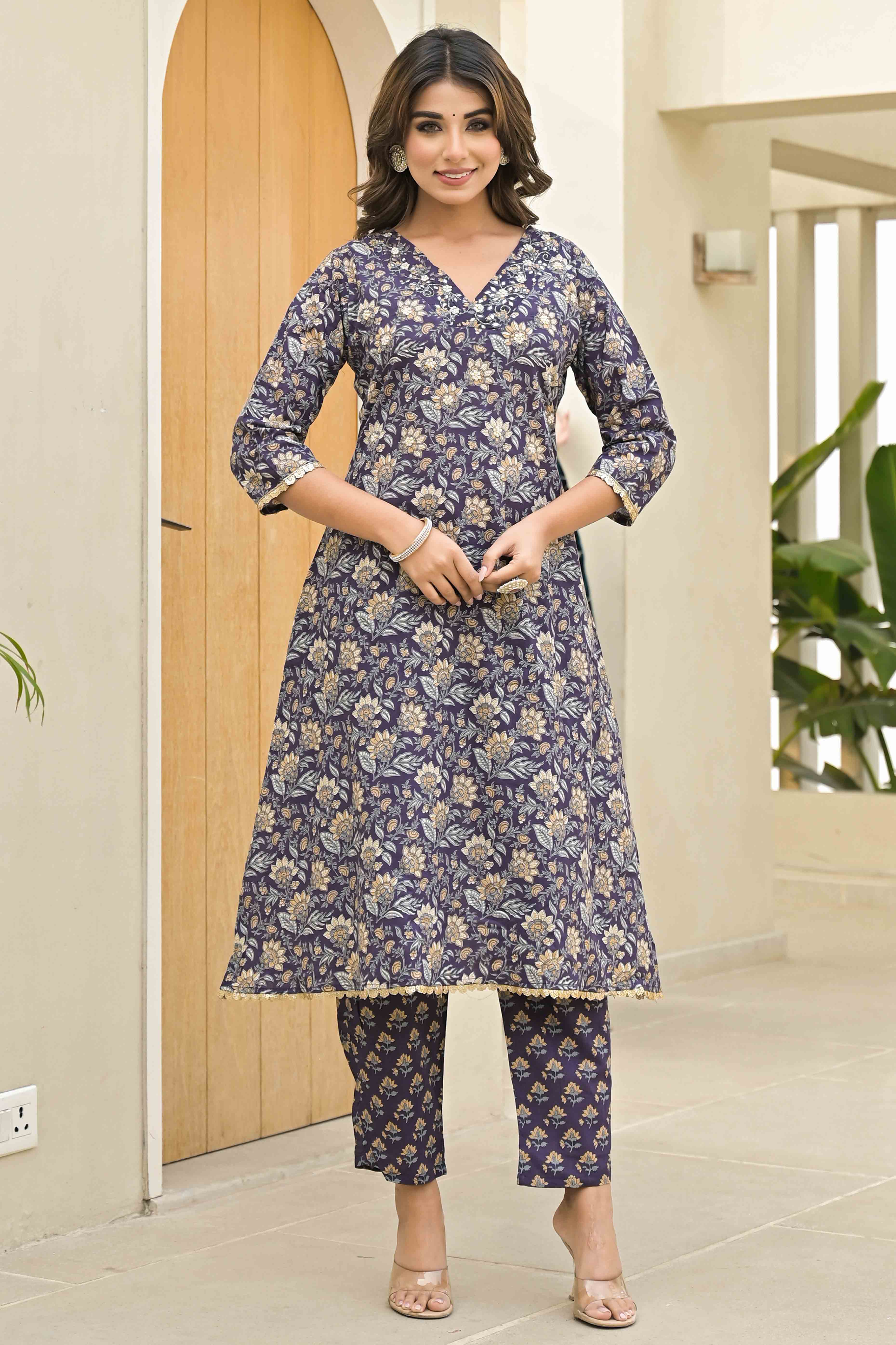 Wine Floral Printed Pure Cotton A-Line Salwar Suit