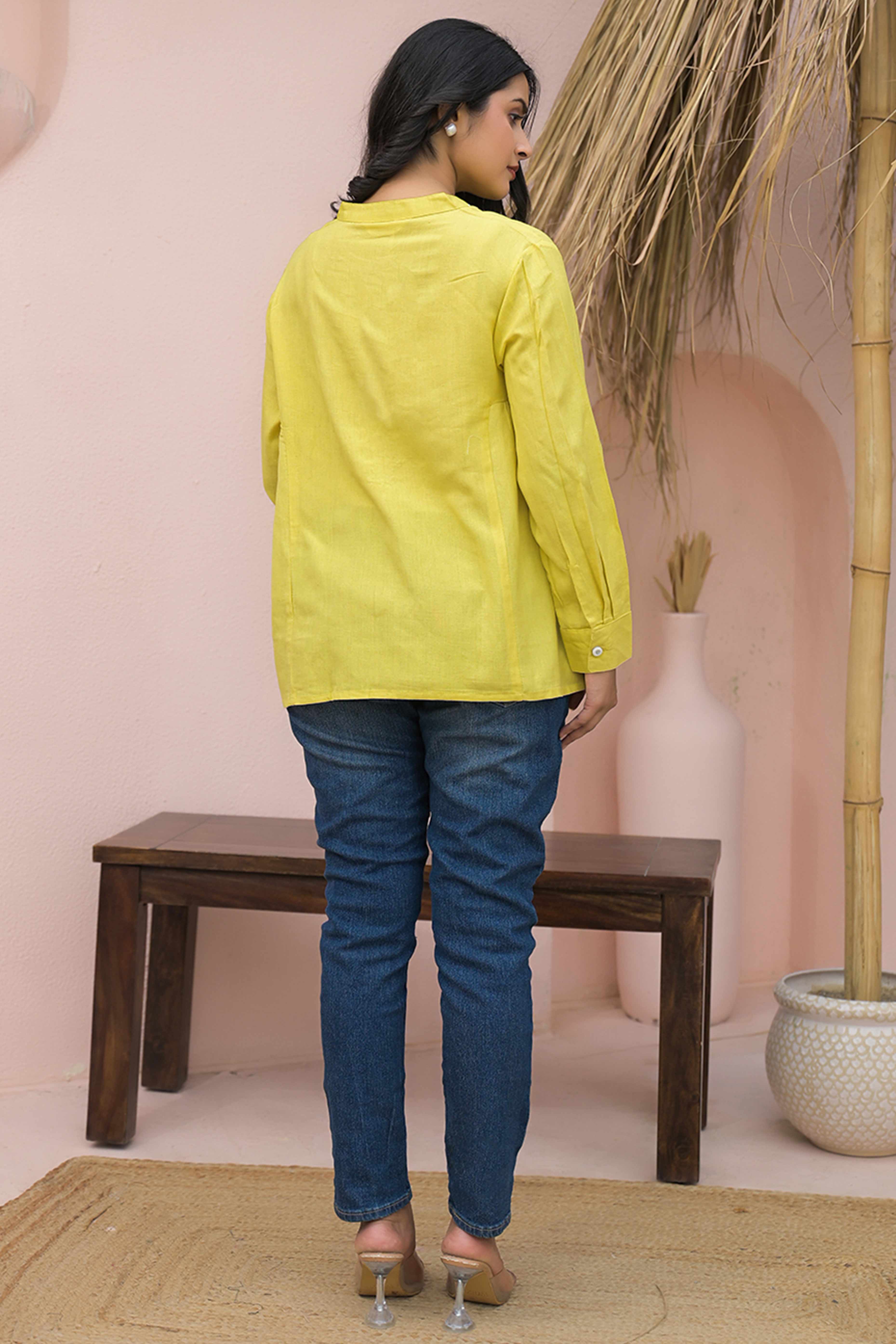 Bright Lemon Yellow Solid Cotton Top With Flowy A-Line Fit