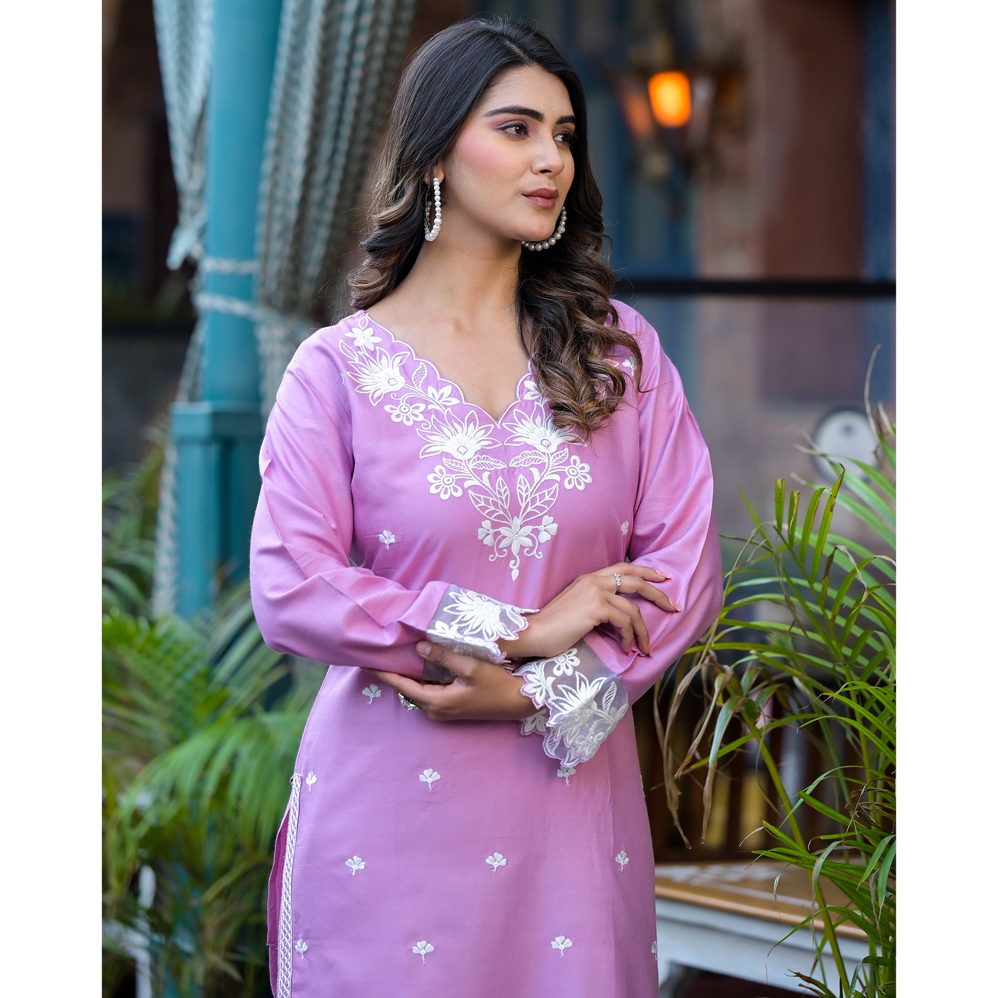 Pink Embroidered Rayon Straight Kurti Sets
