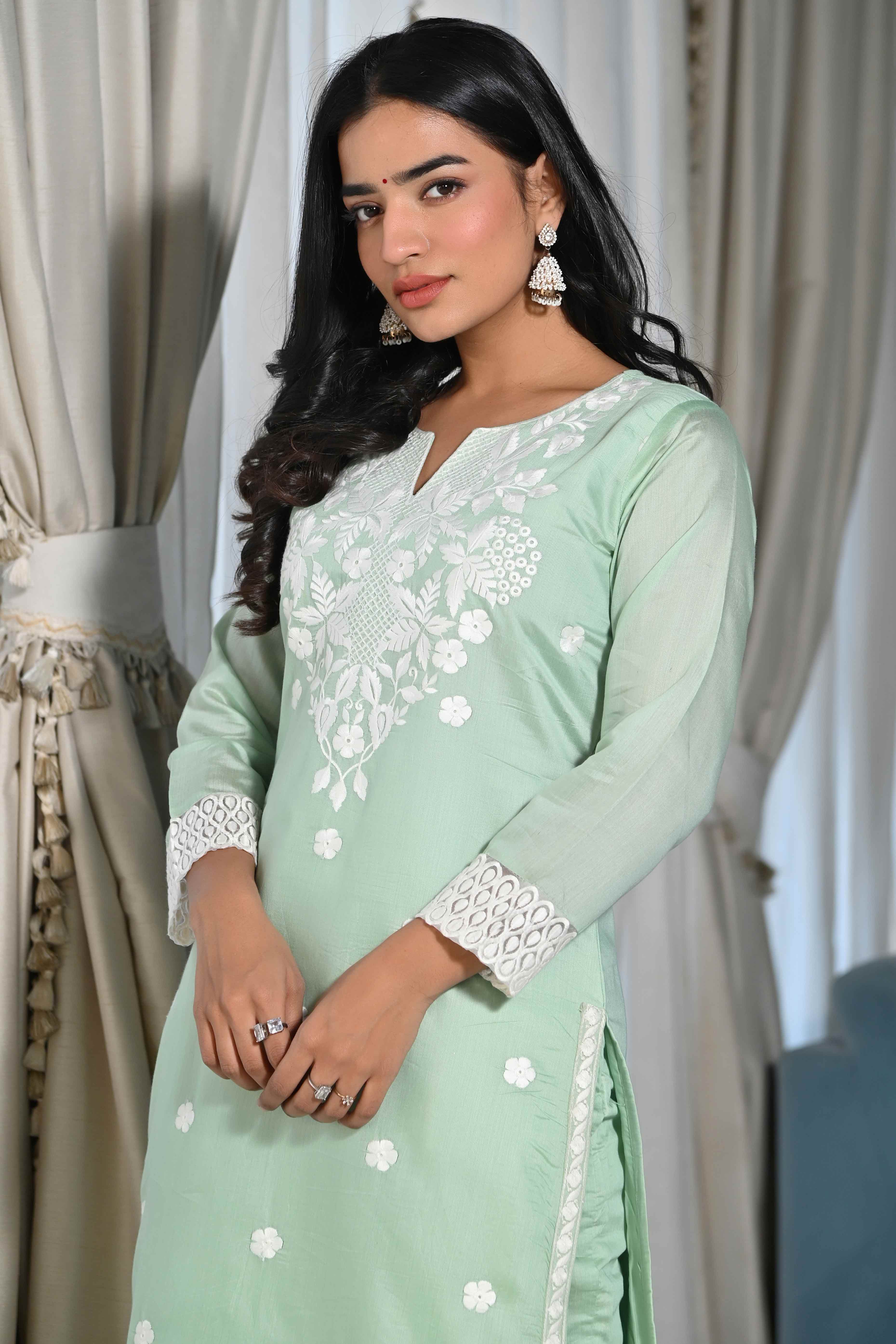 Sea Green Floral Embroidered Chanderi Kurti Pant Set