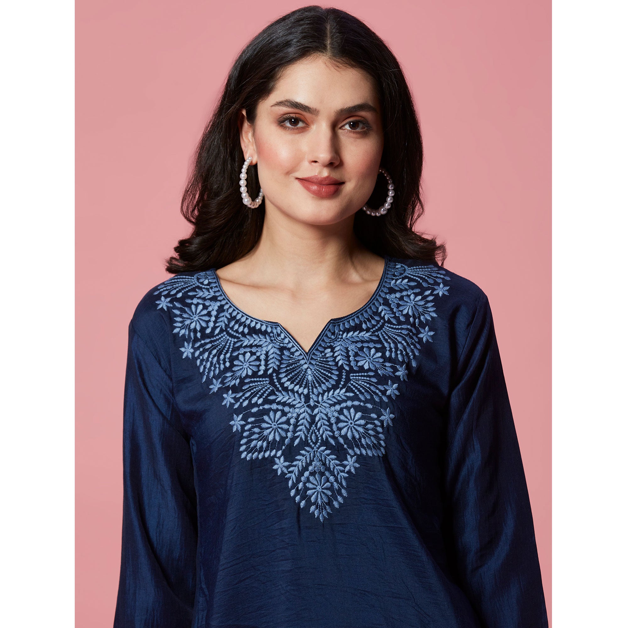 Dark Blue Embroidered Cotton Blend Top