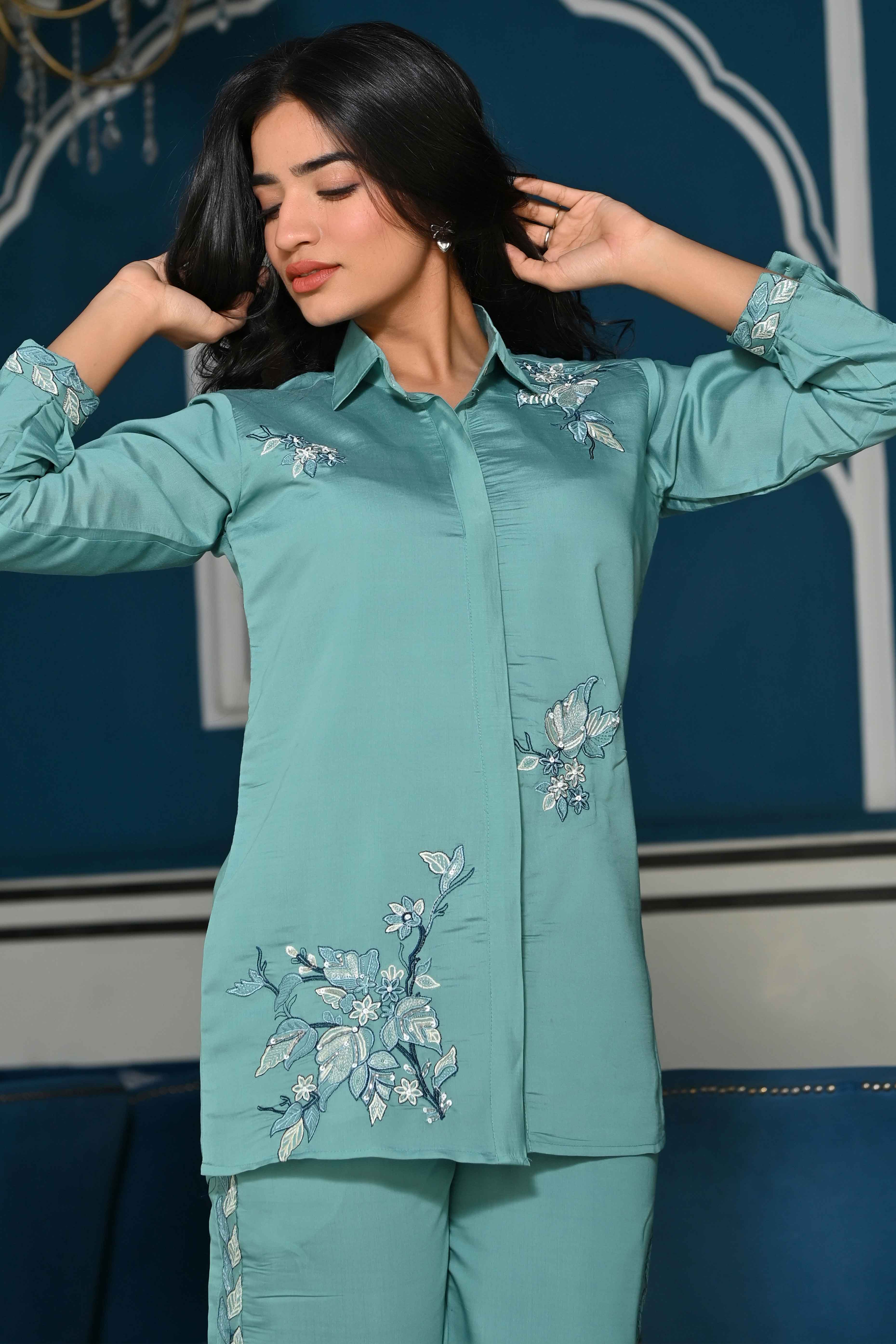 Sea Green Floral Hand Work Embroidered Chanderi Co-Ord Set