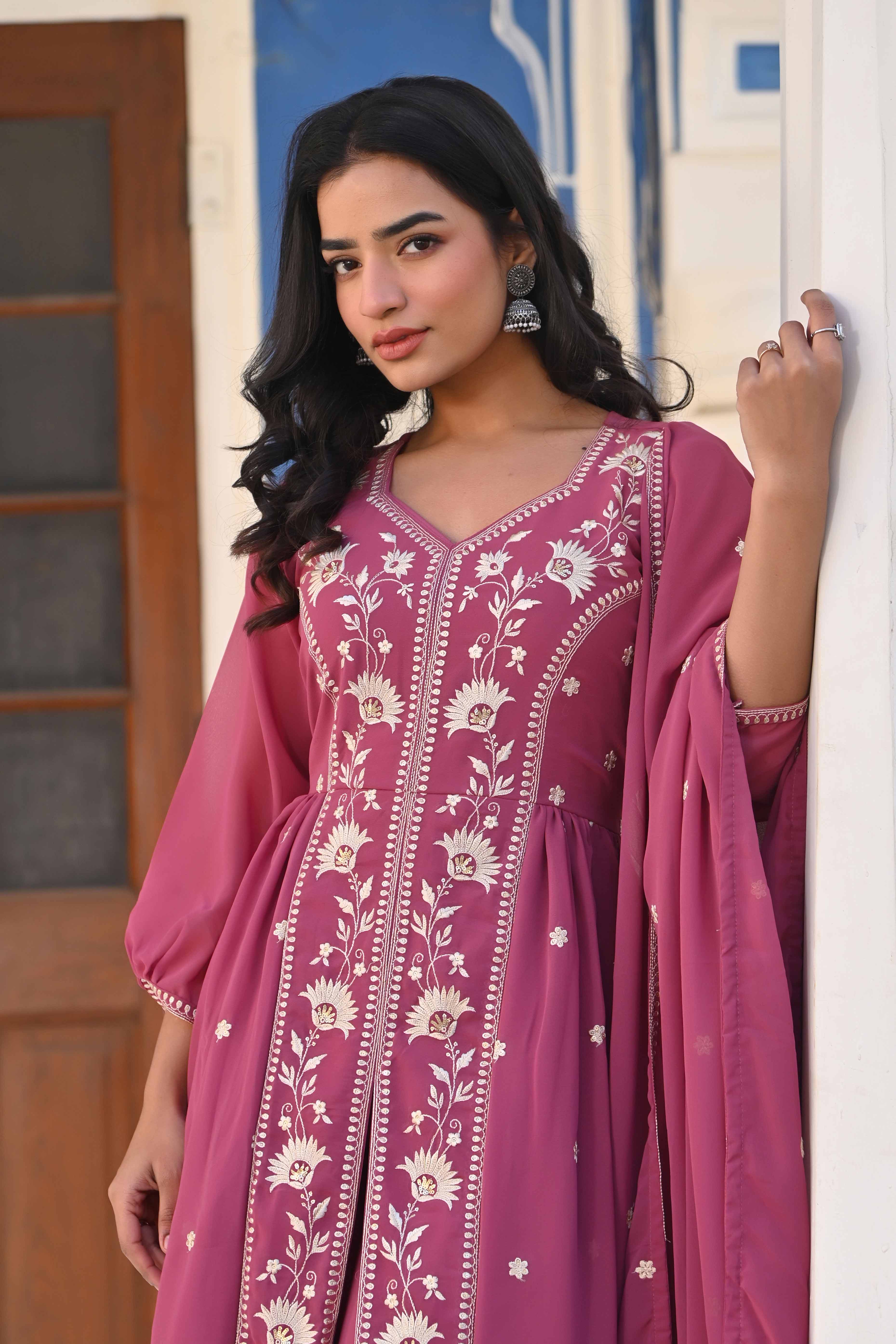 Mauve Floral Embroidered Georgette Front Slit Salwar Suit