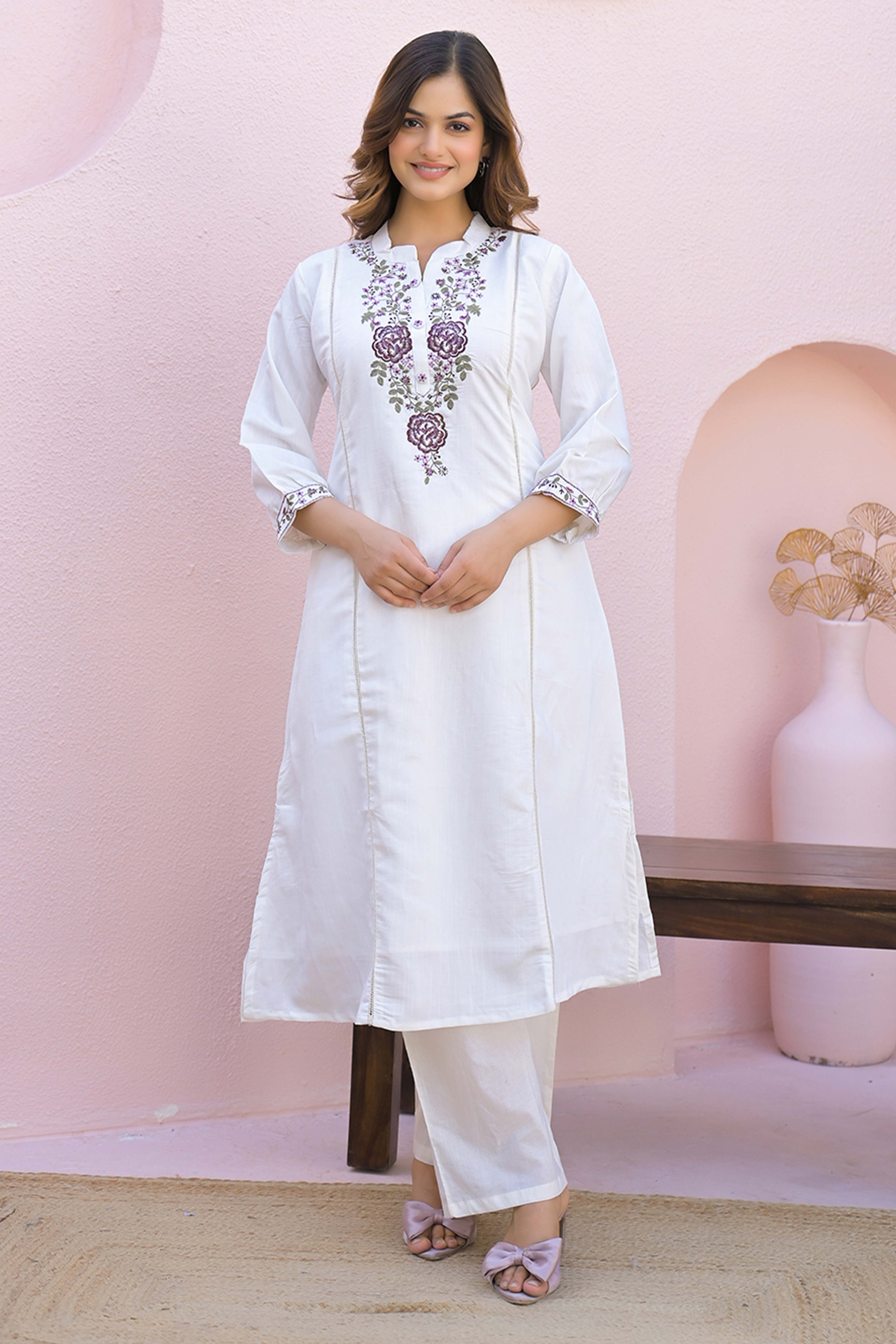 White Viscose Mango Silk A-Line Kurti with Floral Embroidery On Neck