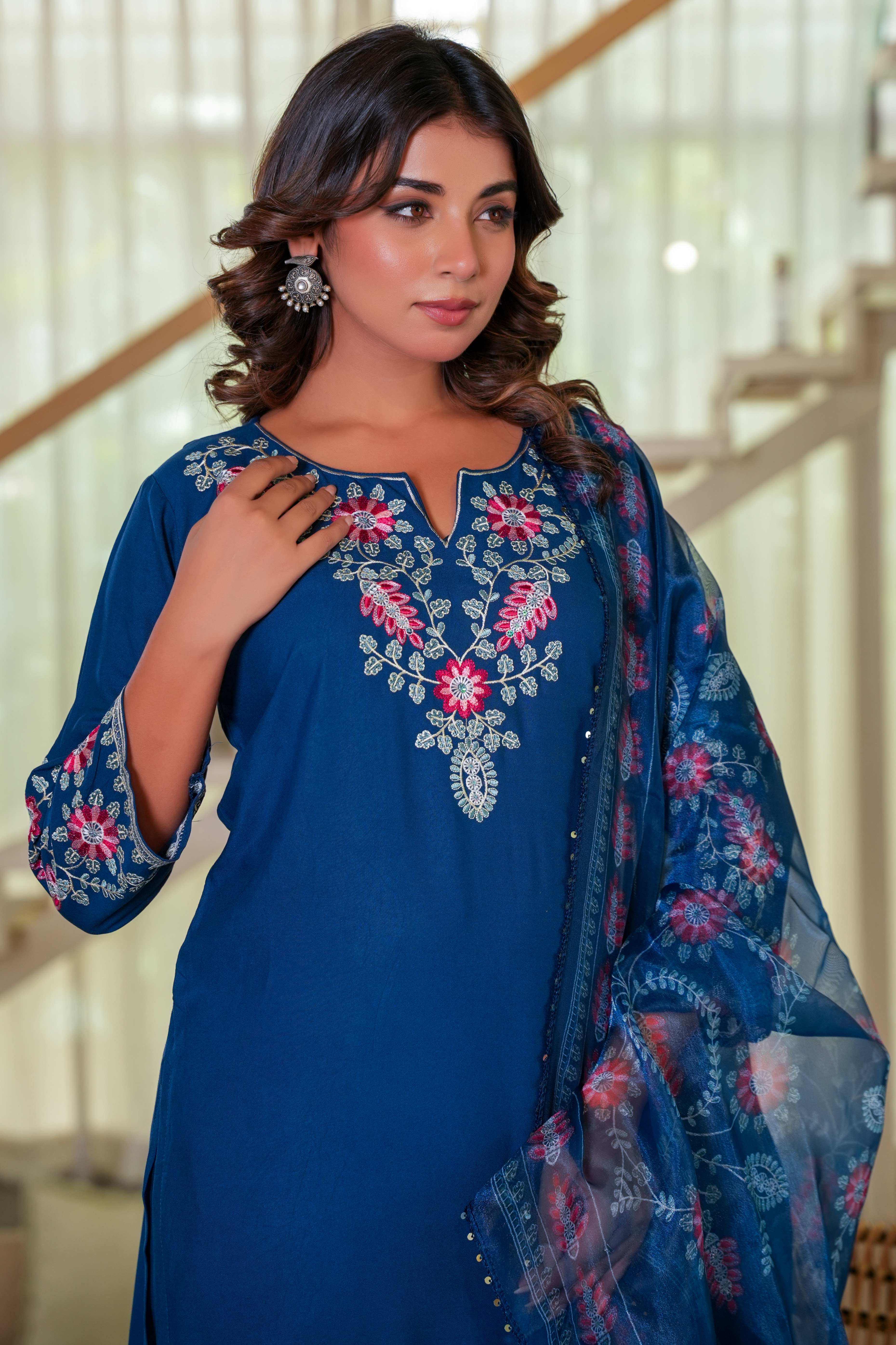 Navy Blue Heavy Viscose Rayon Straight Suit with Delicate Floral Embroidery for Graceful Style