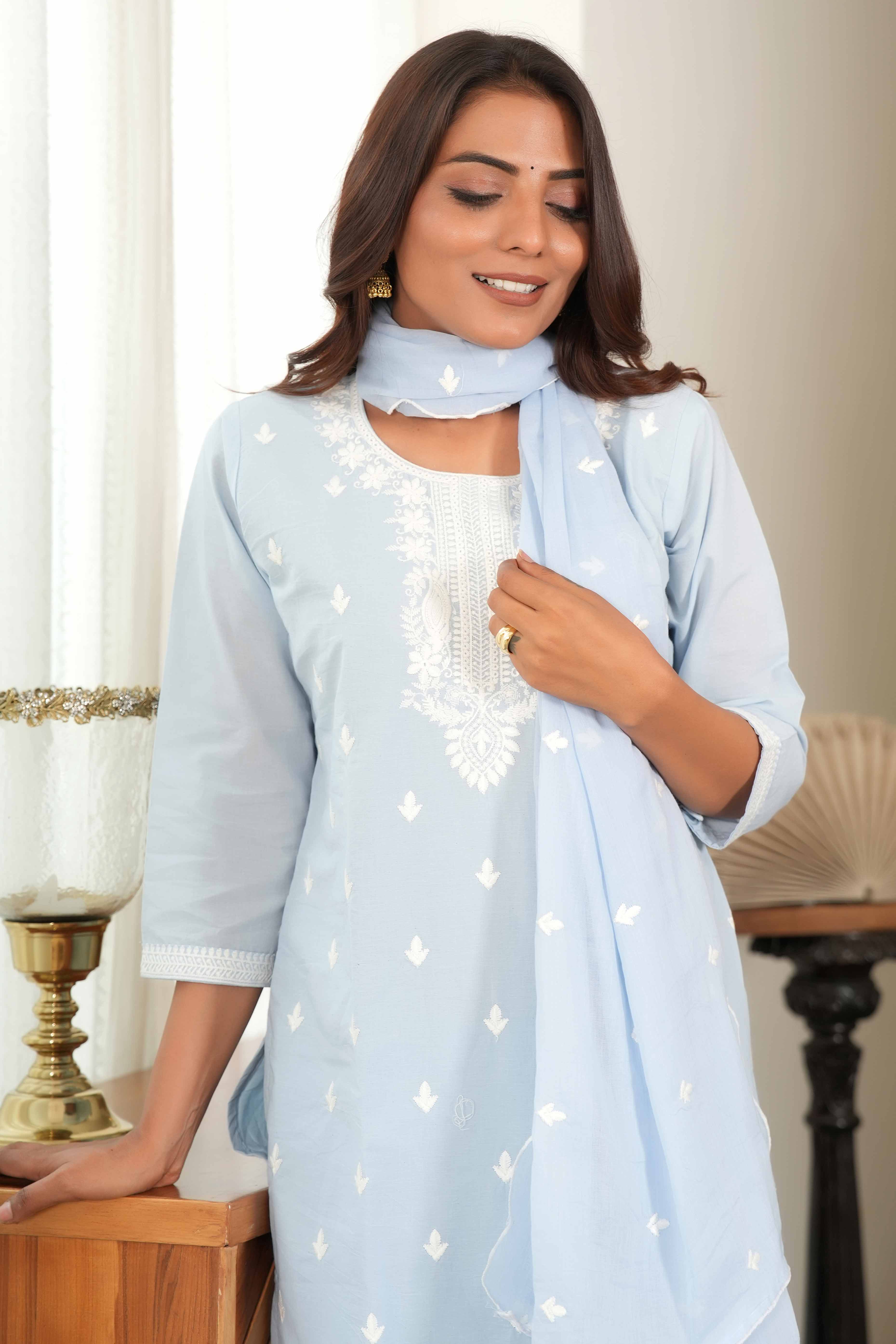 Powder Blue Cotton Suit Set Featuring Exquisite Motif Stitch Work
