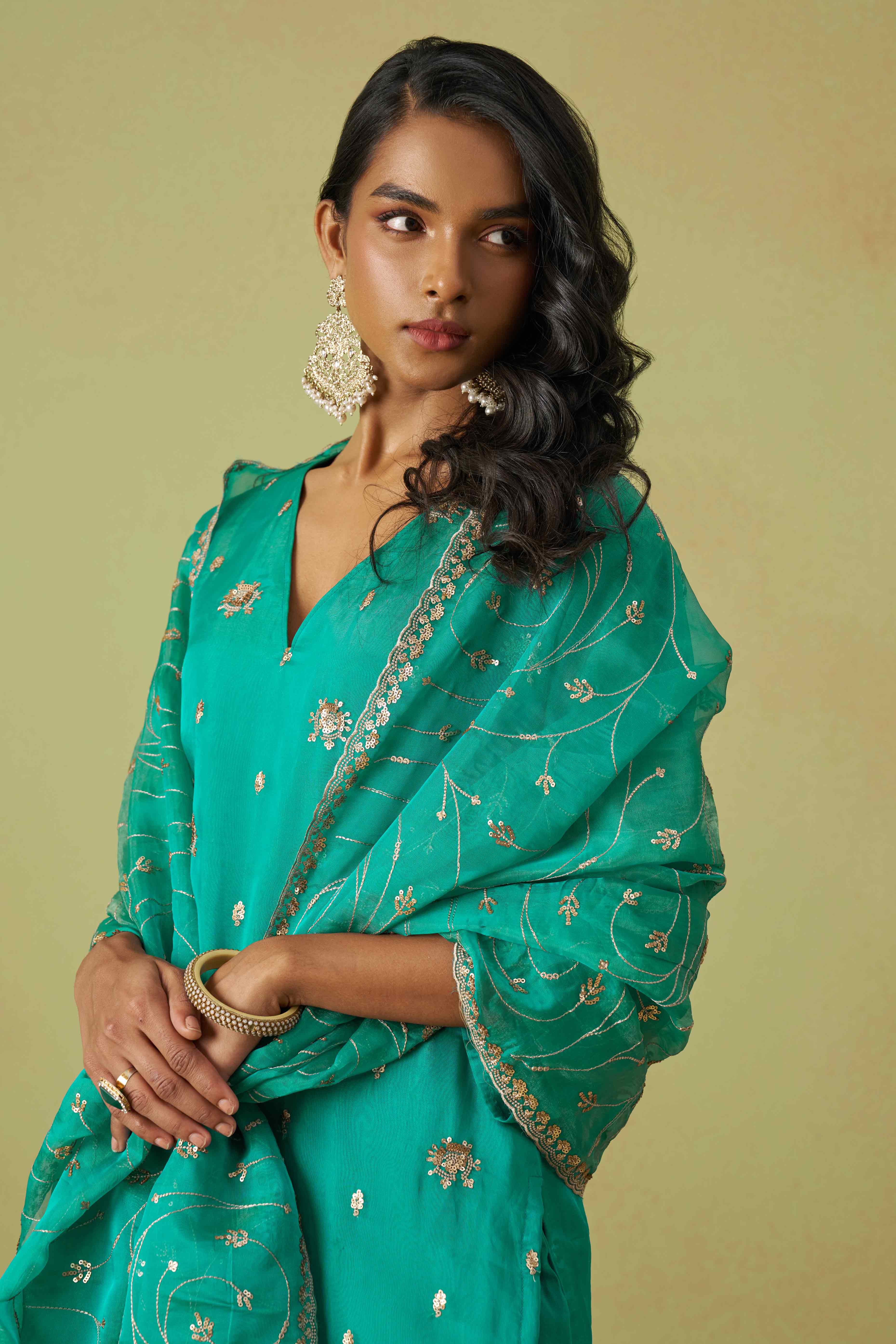Turquoise Sequins Embroidery With Stonework Organza Shimmer Semi Stitched Suit