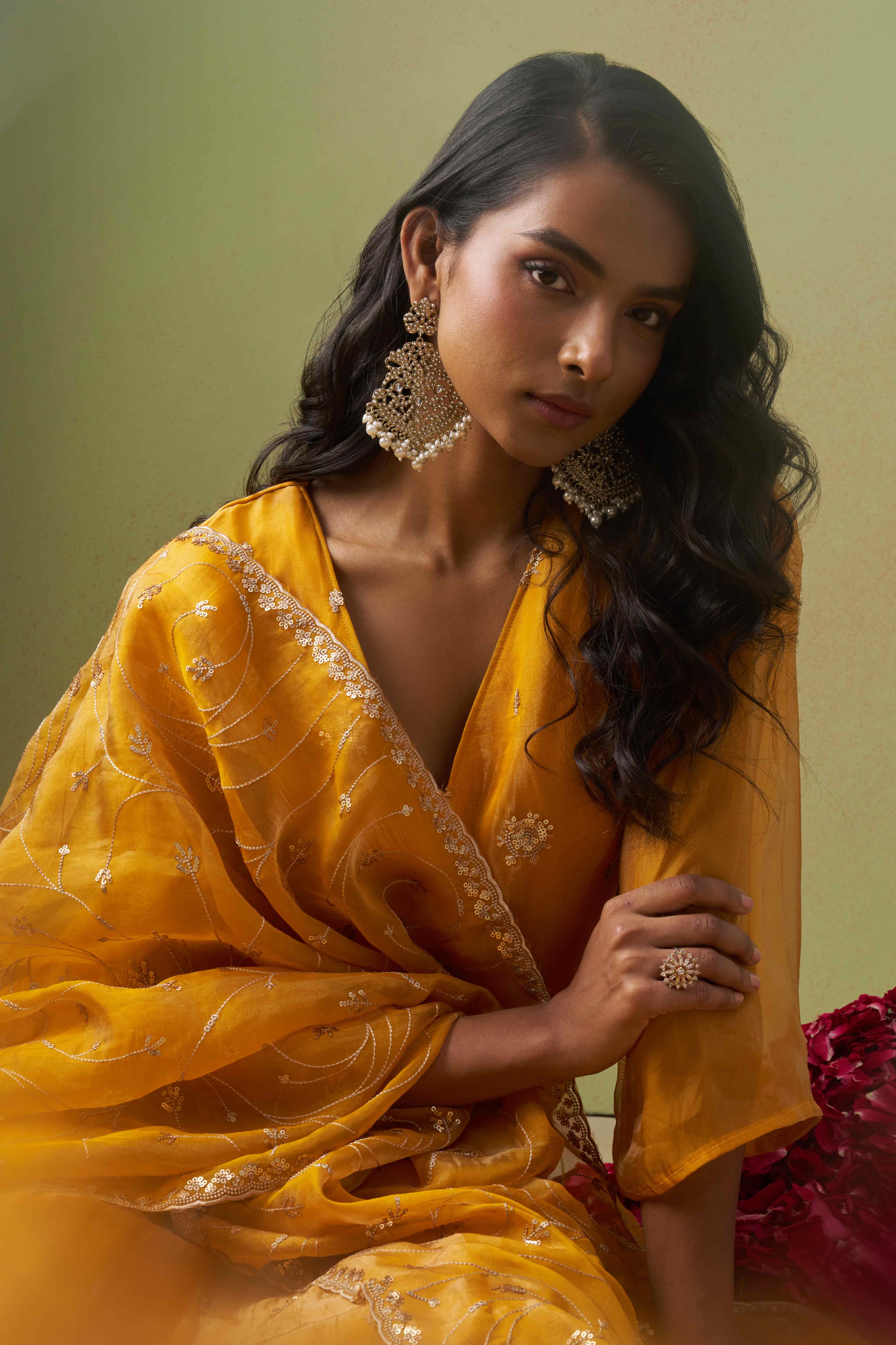 Mustard Sequins Embroidery With Stonework Organza Shimmer Semi Stitched Suit