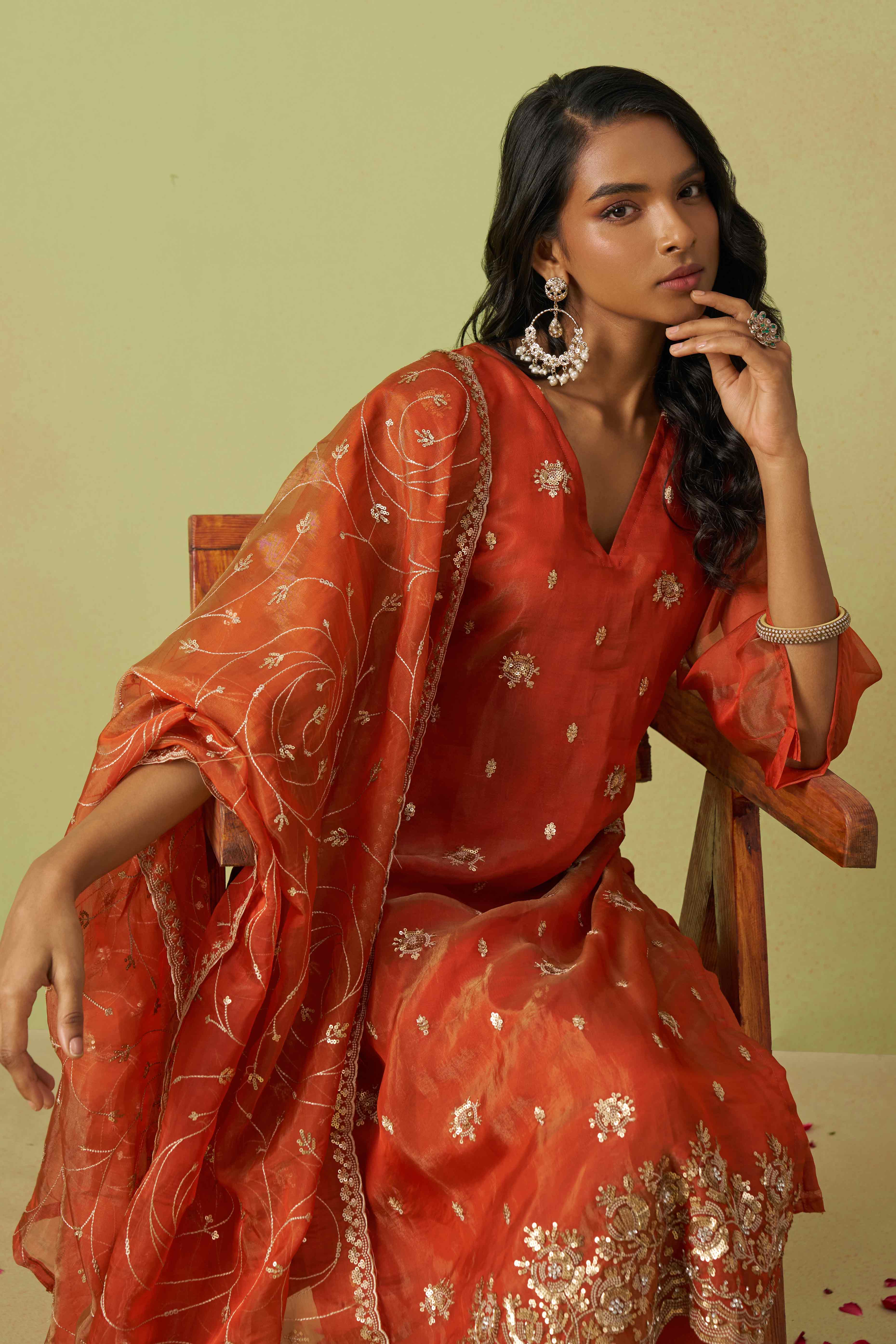 Rust Orange Sequins Embroidery With Stonework Organza Shimmer Semi Stitched Suit