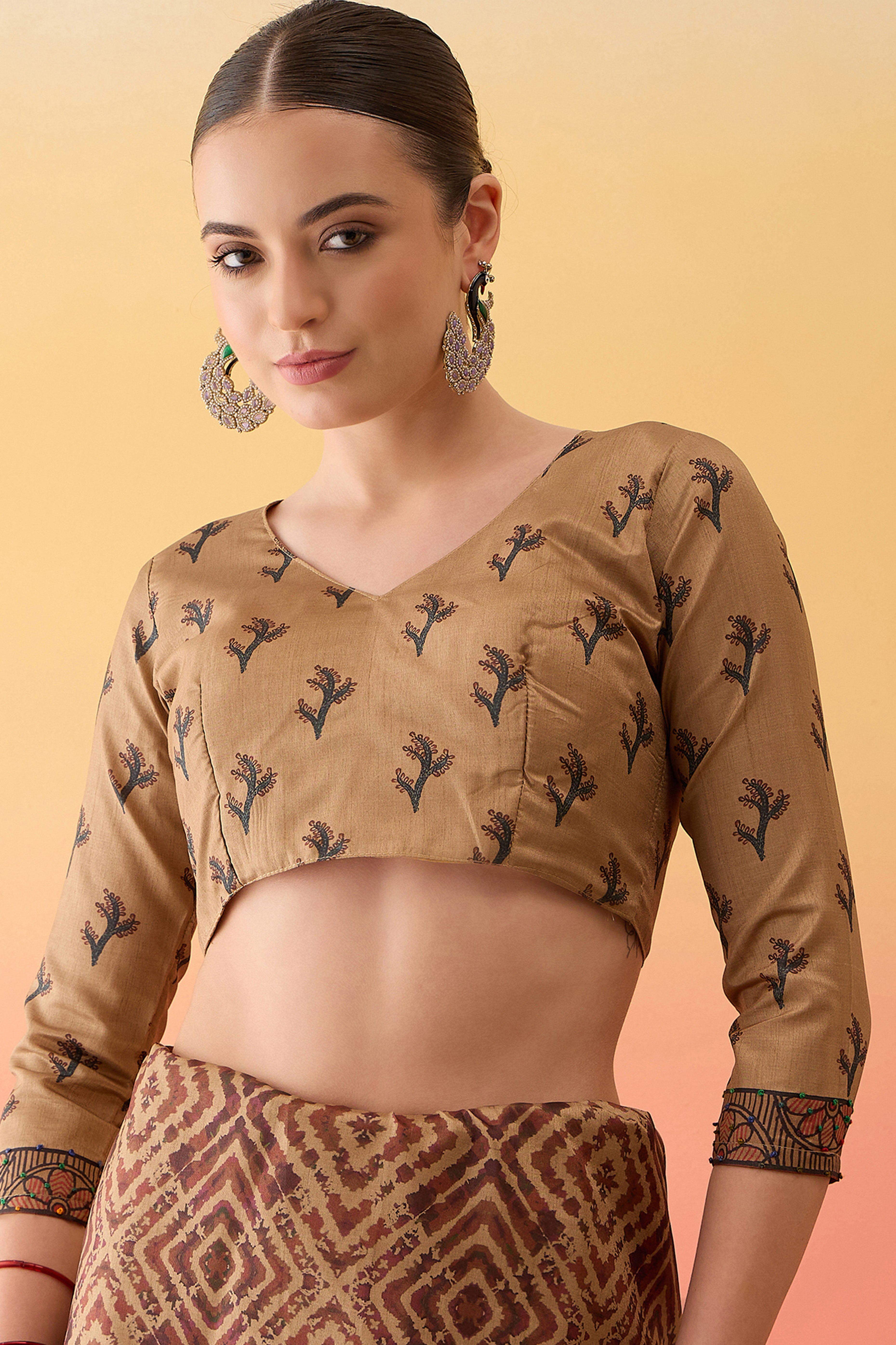 Beige Cotton Silk Saree Traditional Kalamkari Style Print Knot Work Ethnic Elegance