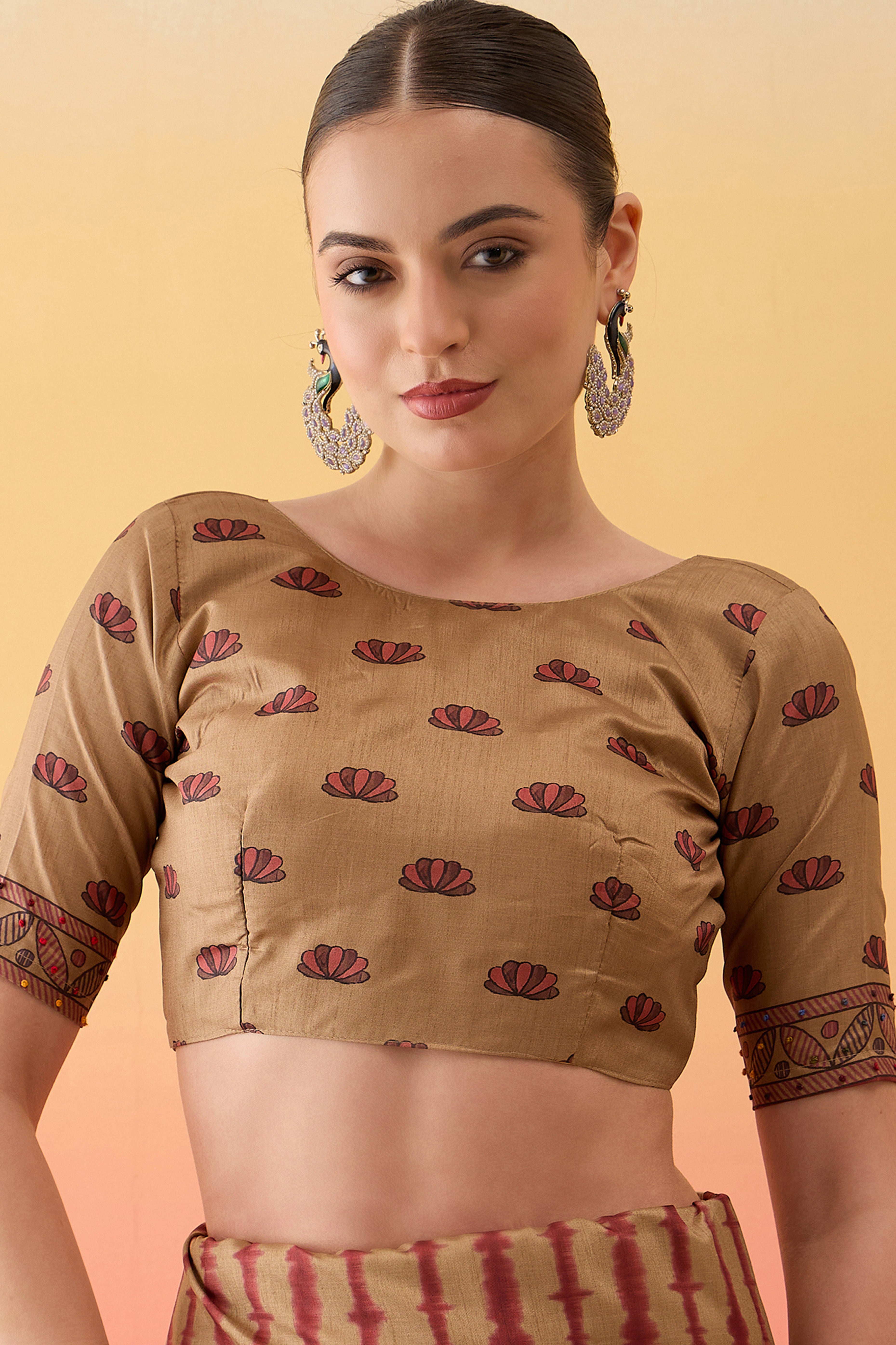 Beige Kalamkari Style Cotton Silk Saree Flowy Drape Knot Tassels Festive Wear