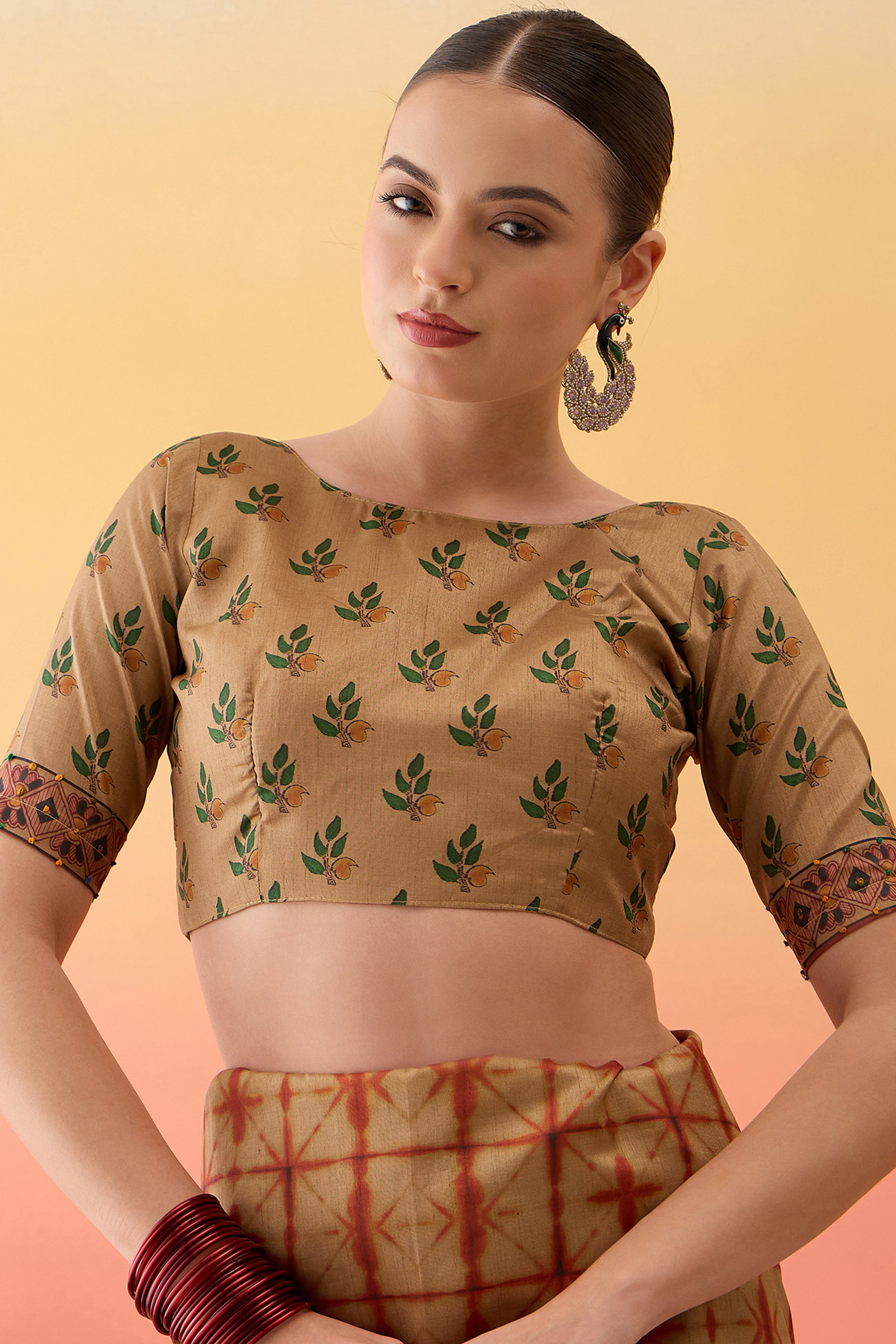 Beige Printed Kalamkari Cotton Silk Saree Flowy Drape Knot Detailing Traditional Grace