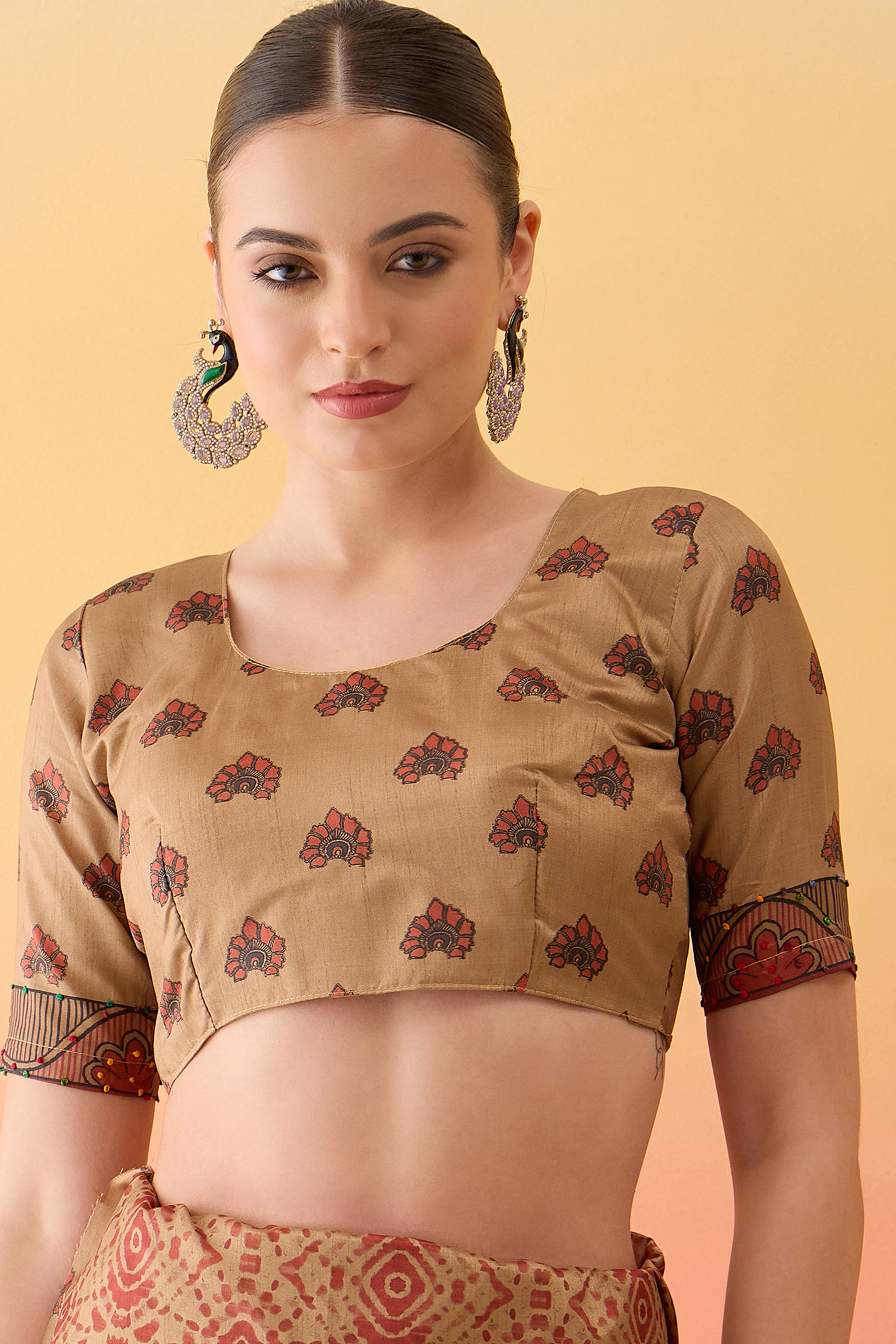 Beige Kalamkari Style Cotton Silk Saree Handcrafted Knot Work Border Ethnic Sophistication