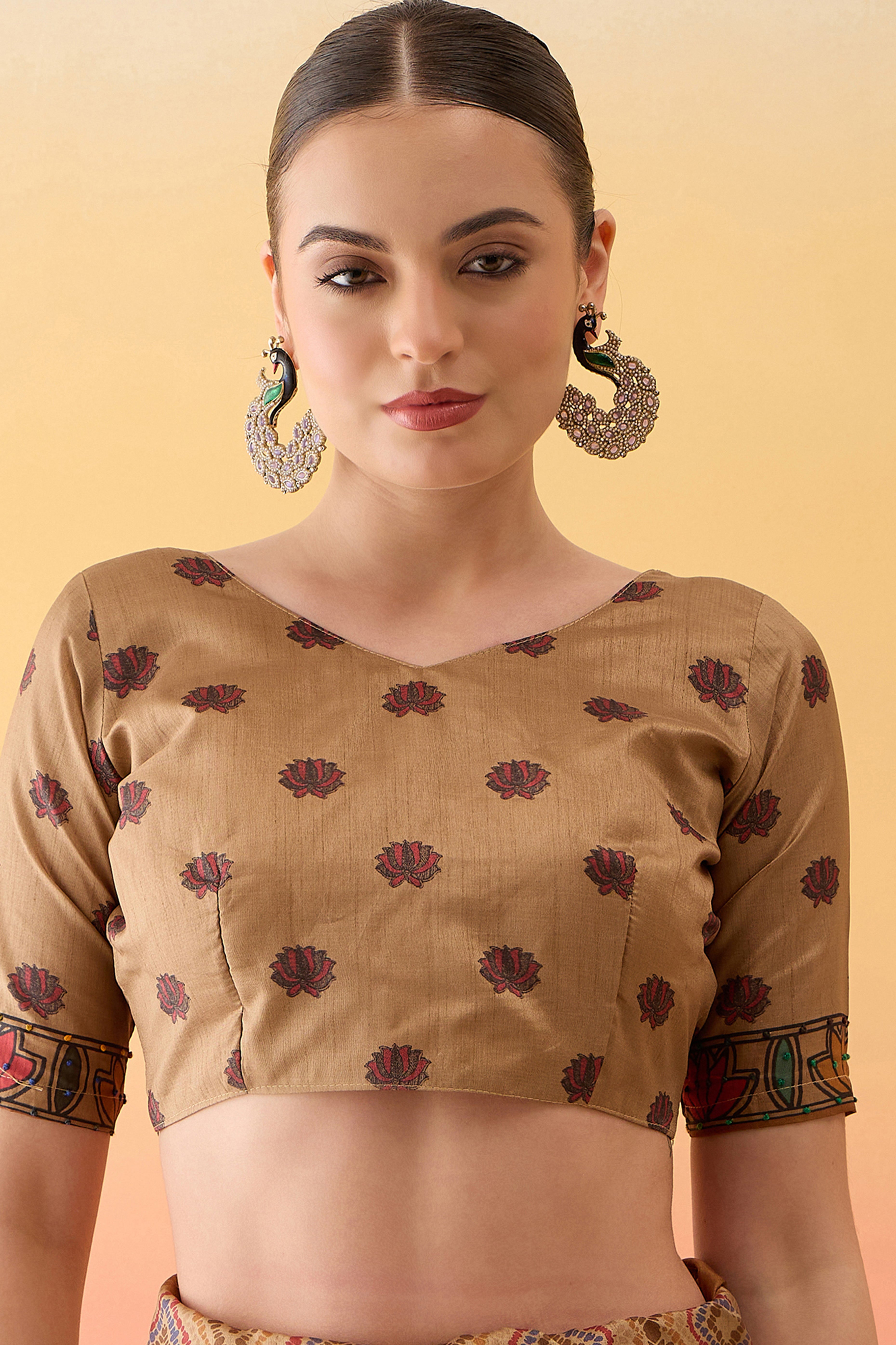 Beige Kalamkari Inspired Printed Cotton Silk Saree Intricate Knot Work Ethnic Artistry