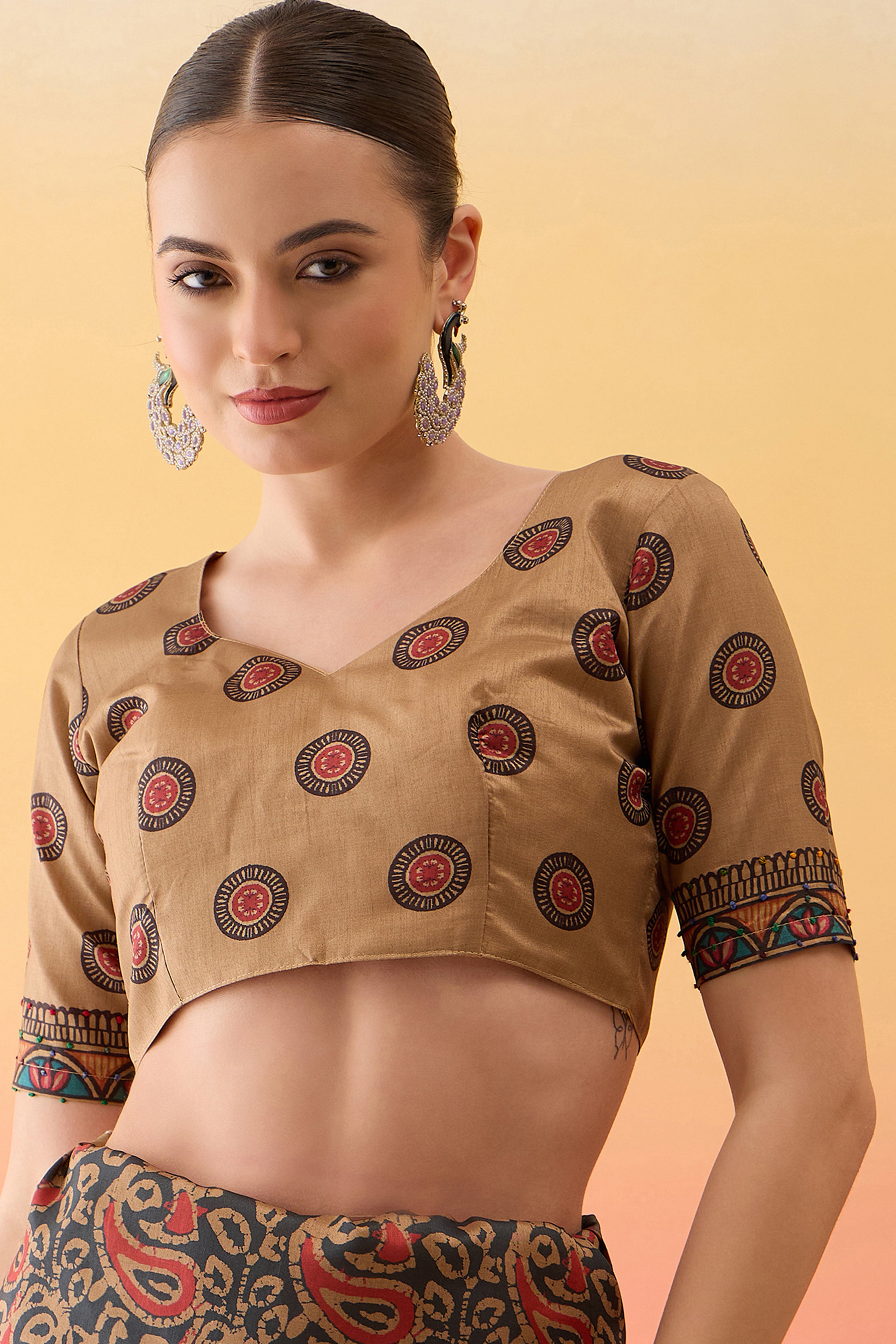 Grey Printed Kalamkari Cotton Silk Saree Exquisite Knot Work Detailing Ethnic Charm