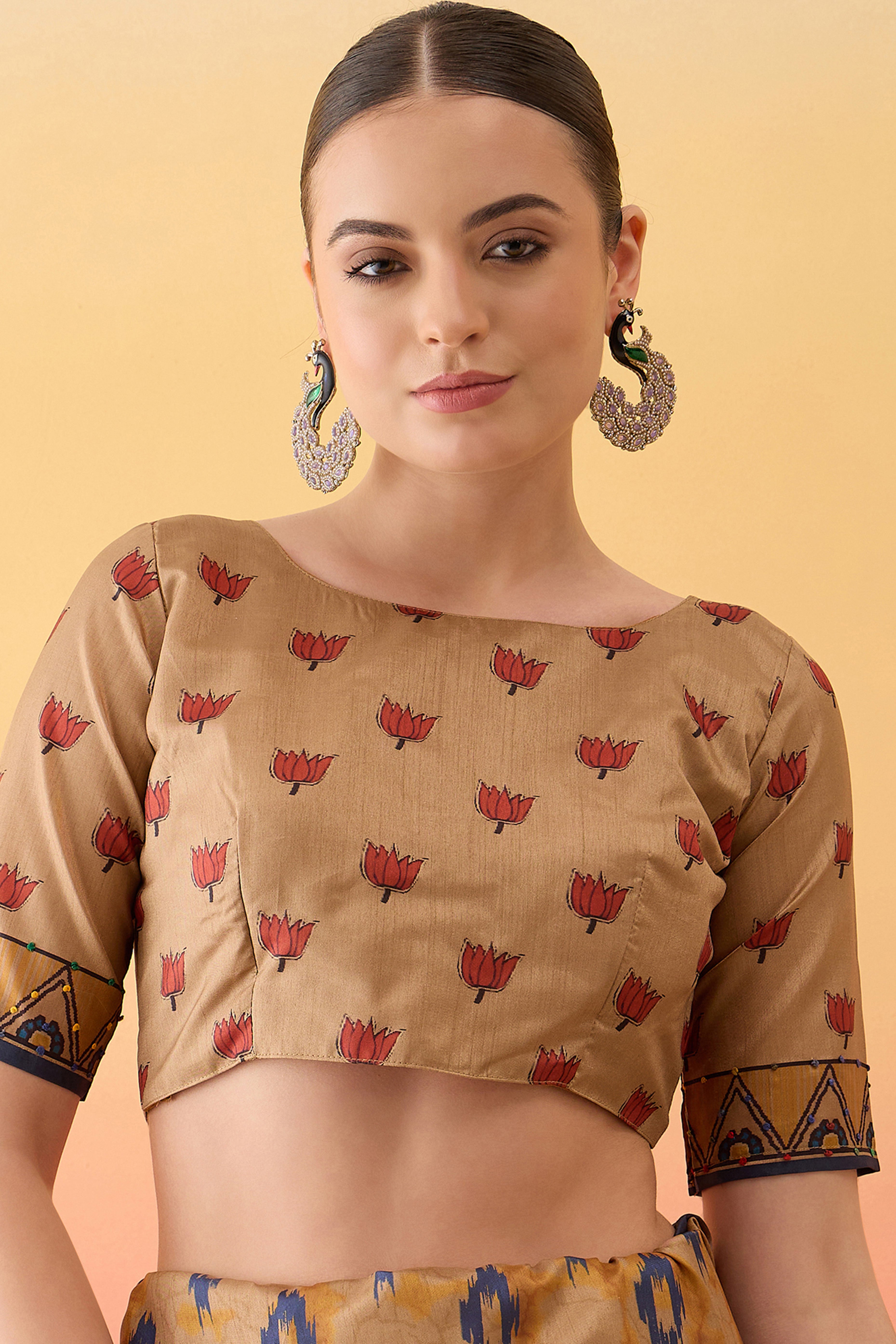 Beige Printed Kalamkari Cotton Silk Saree Exquisite Knot Work Detailing Ethnic Charm