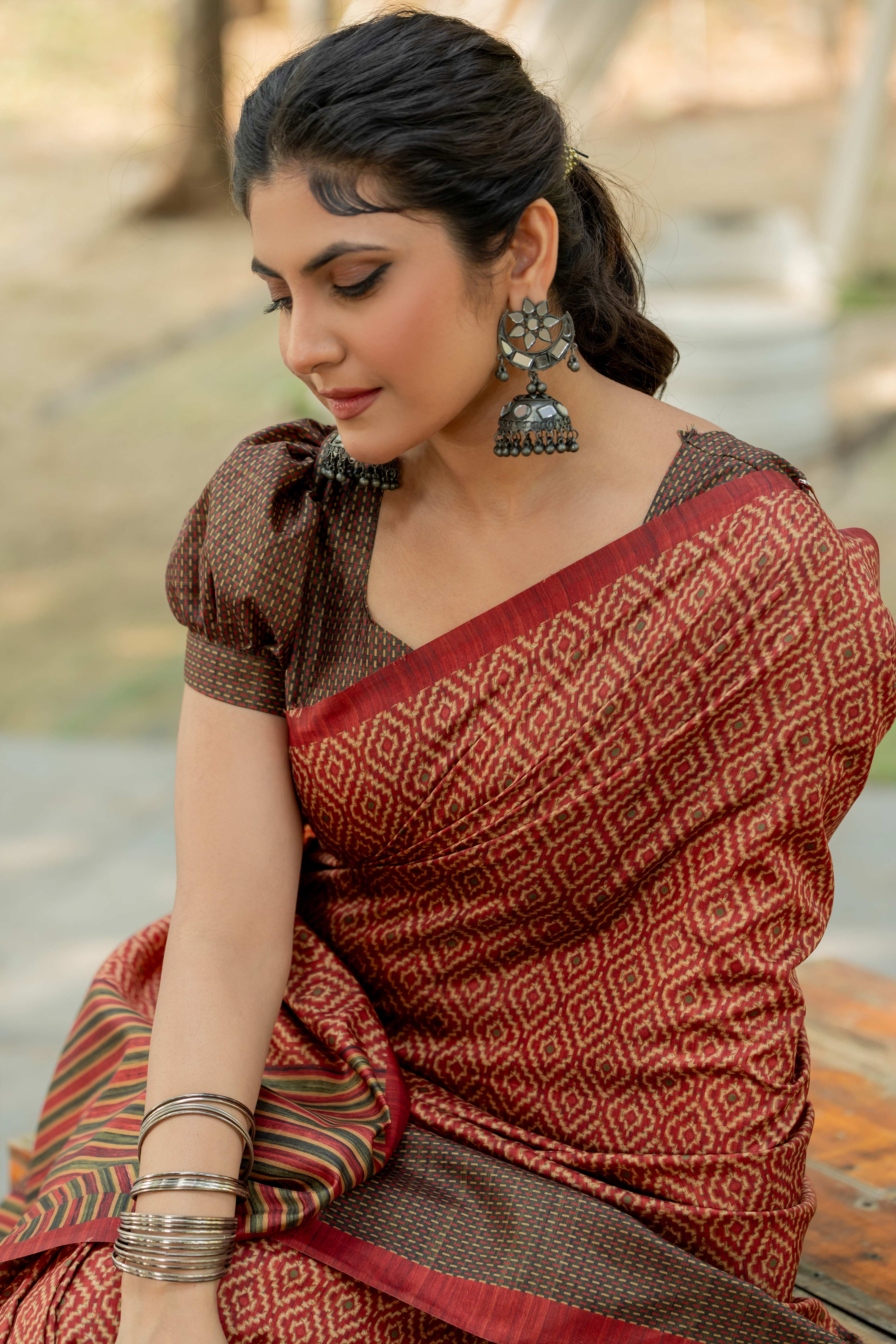 Rust Kozi Cotton Silk Saree Showcasing Digital Prints and Soft Tassel Edging