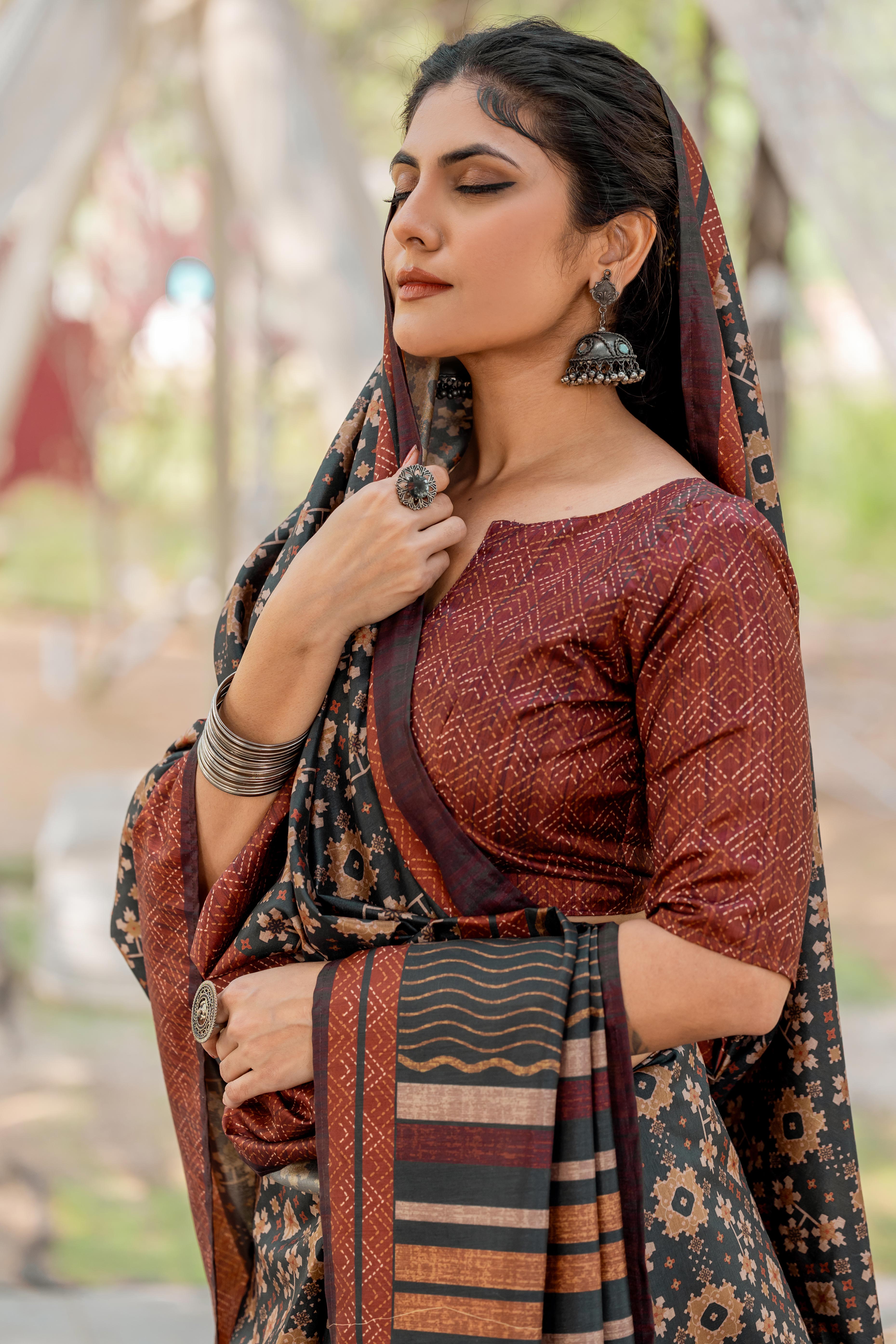 Black Kozi Cotton Silk Saree With Digital Prints and Soft Tassel Edging