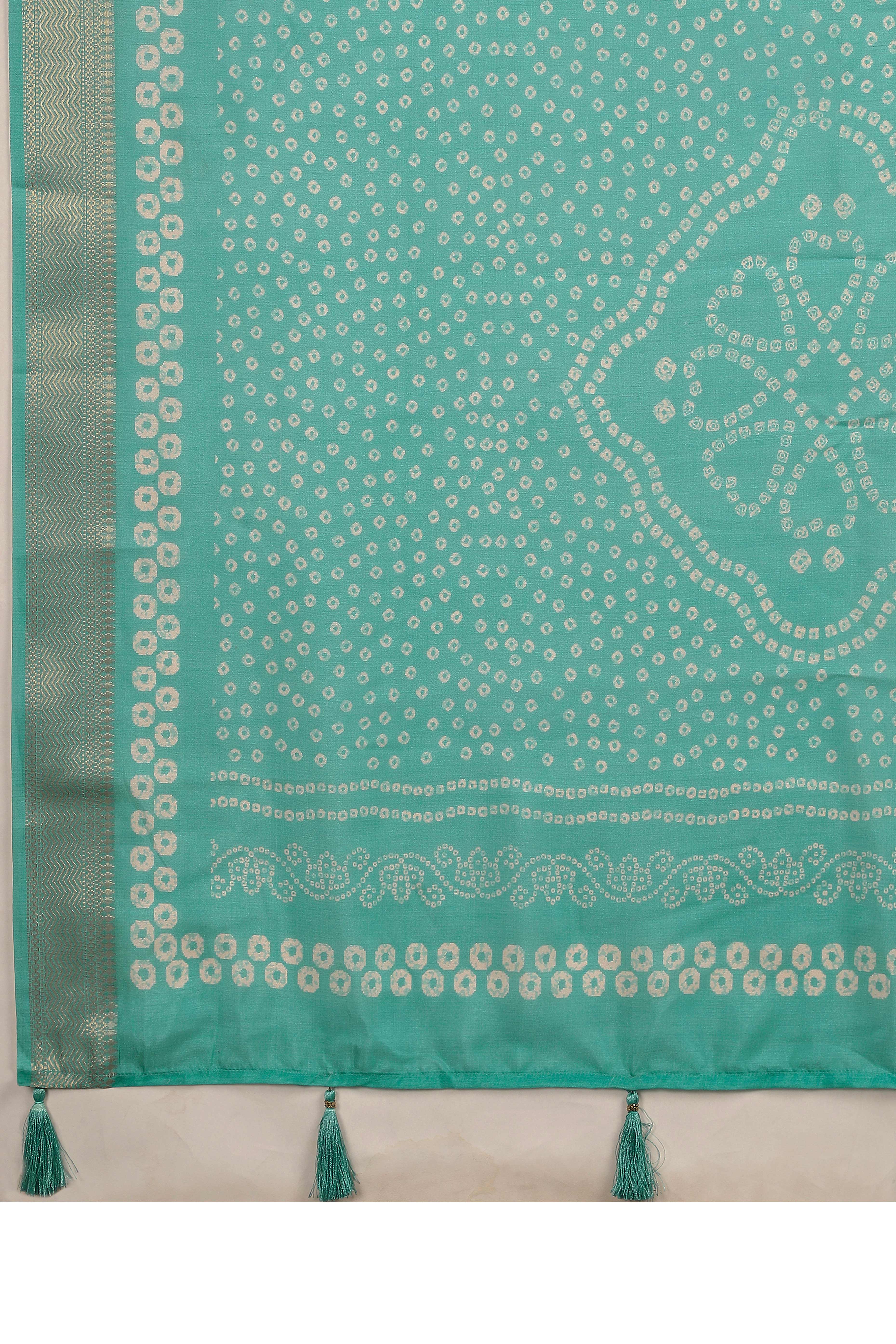 Luxury Blue & Turquoise Bandhani Print Cotton Silk Saree Featuring Weaving Border & Tassel Pallu