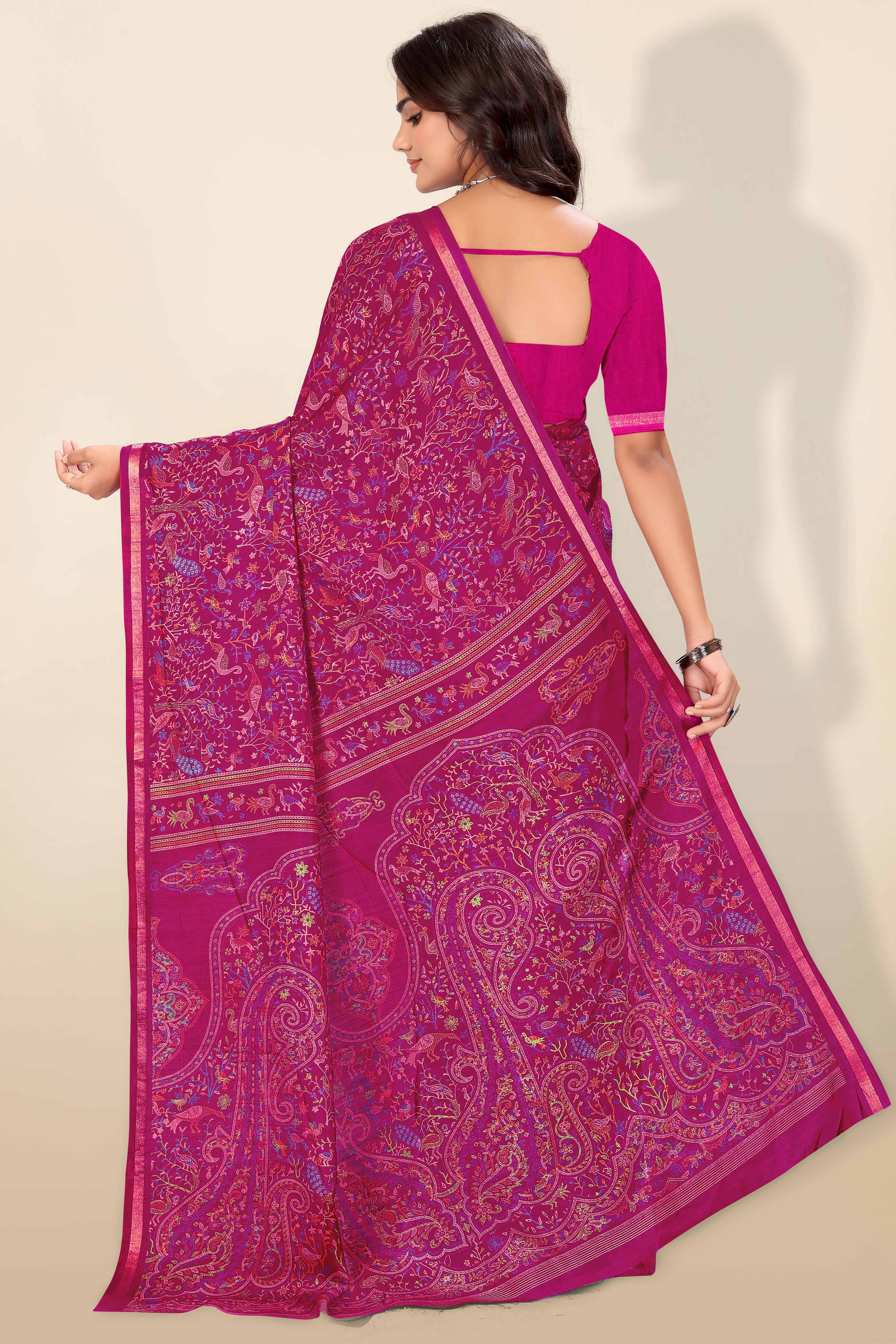 Dark Magenta Tussar Silk Blend Saree with Intricate Floral & Bird Kashmiri Print & Zari Border