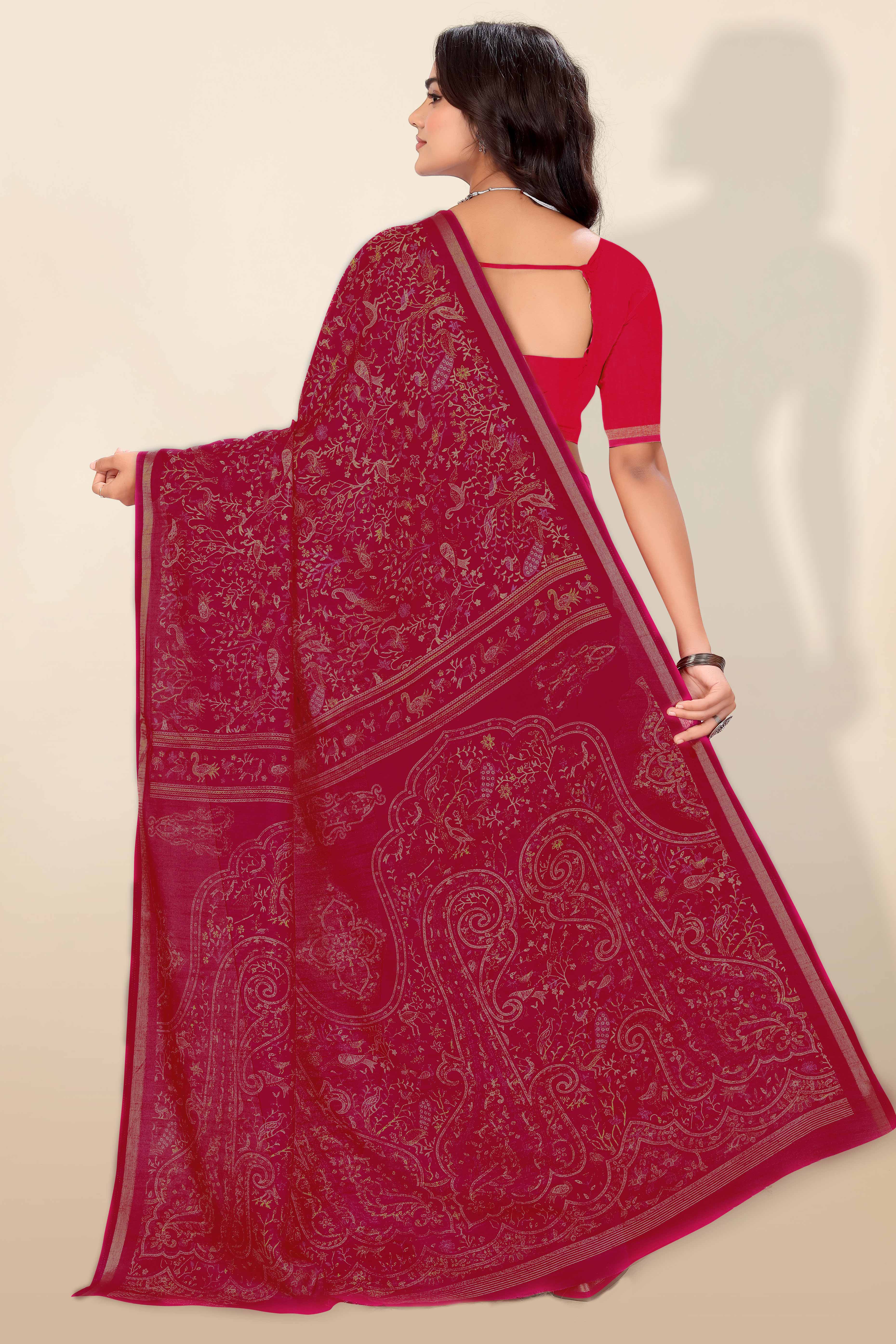 Pink Tussar Silk Blend Saree with Intricate Floral & Bird Kashmiri Print & Elegant Zari Border