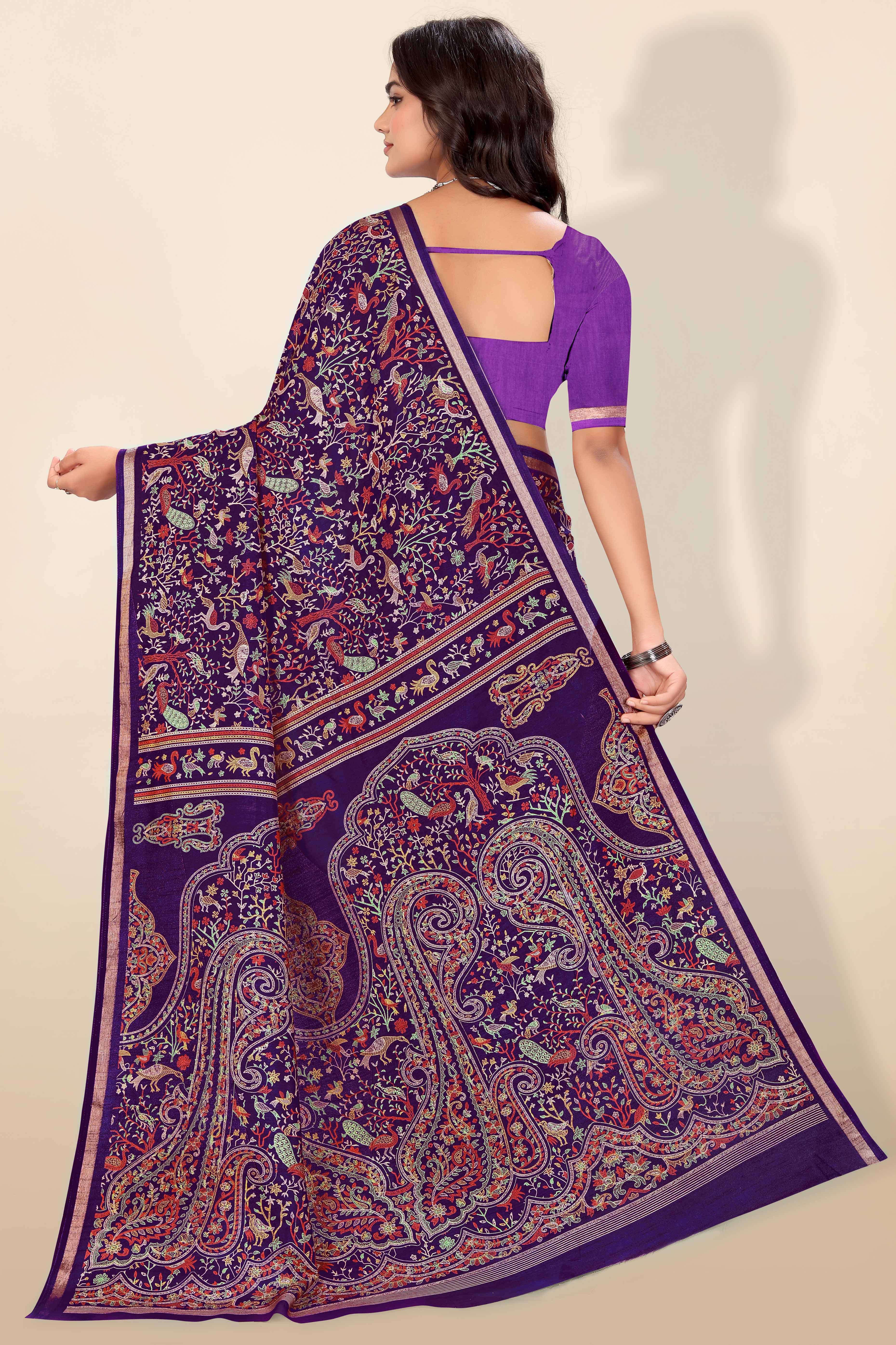 Purple Tussar Silk Blend Saree with Intricate Floral & Bird Kashmiri Print & Elegant Zari Border
