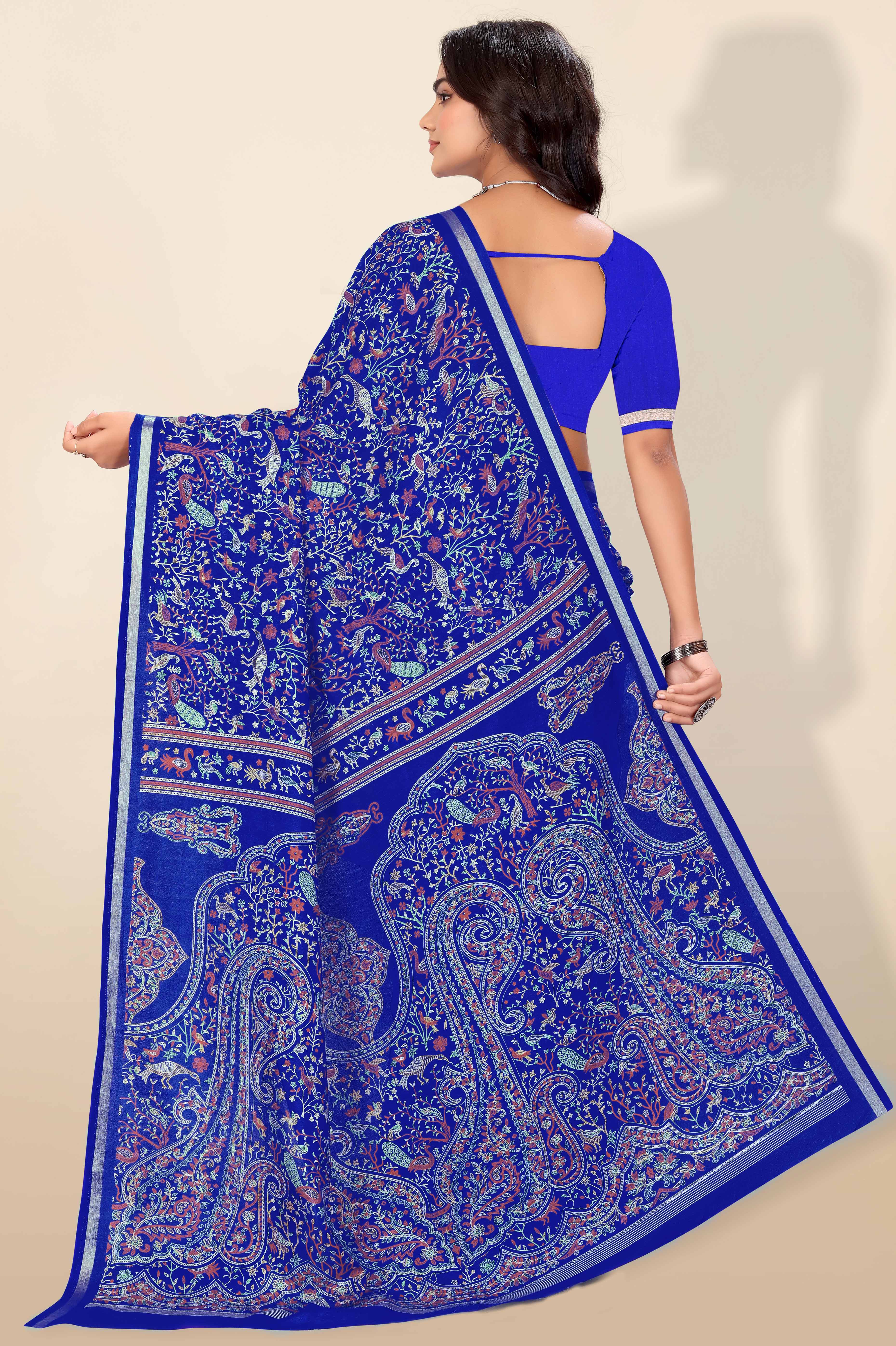Royal Blue Tussar Silk Blend Saree with Intricate Floral & Bird Kashmiri Print & Zari Border