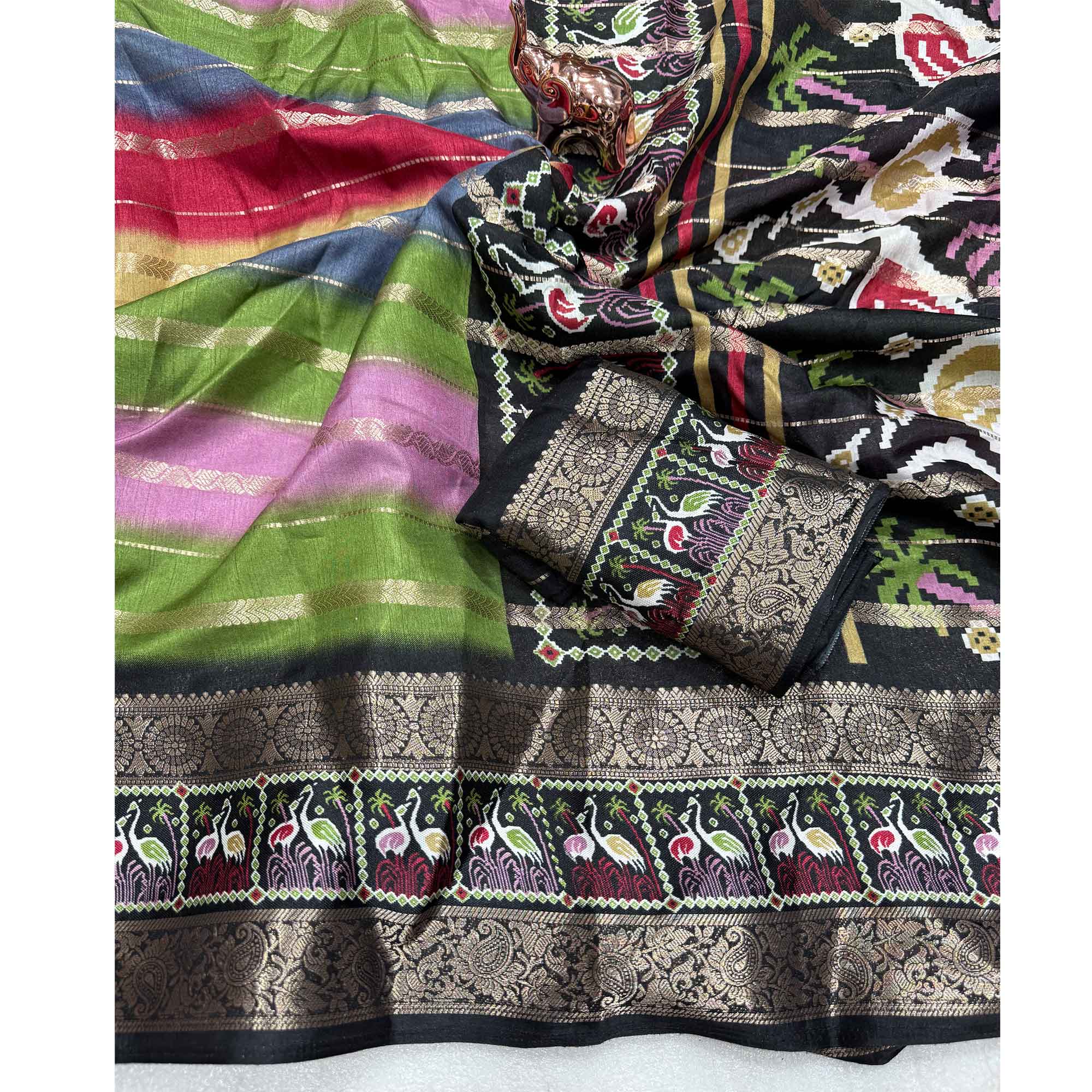 Luxury Multicolor Silk Jacquard Saree Adorned With Striped Zari Weaving and Printed Pallu